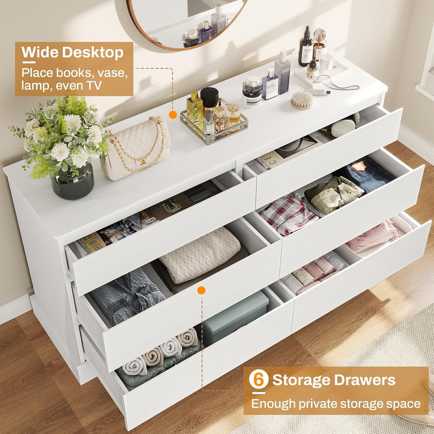 Hasuit 6 Drawer Double Dresser, 51.5''W Wooden Storage Chest of 6 Drawers, Large Capacity Clothing Storage Cabinet, Wide White Dresser for Bedroom