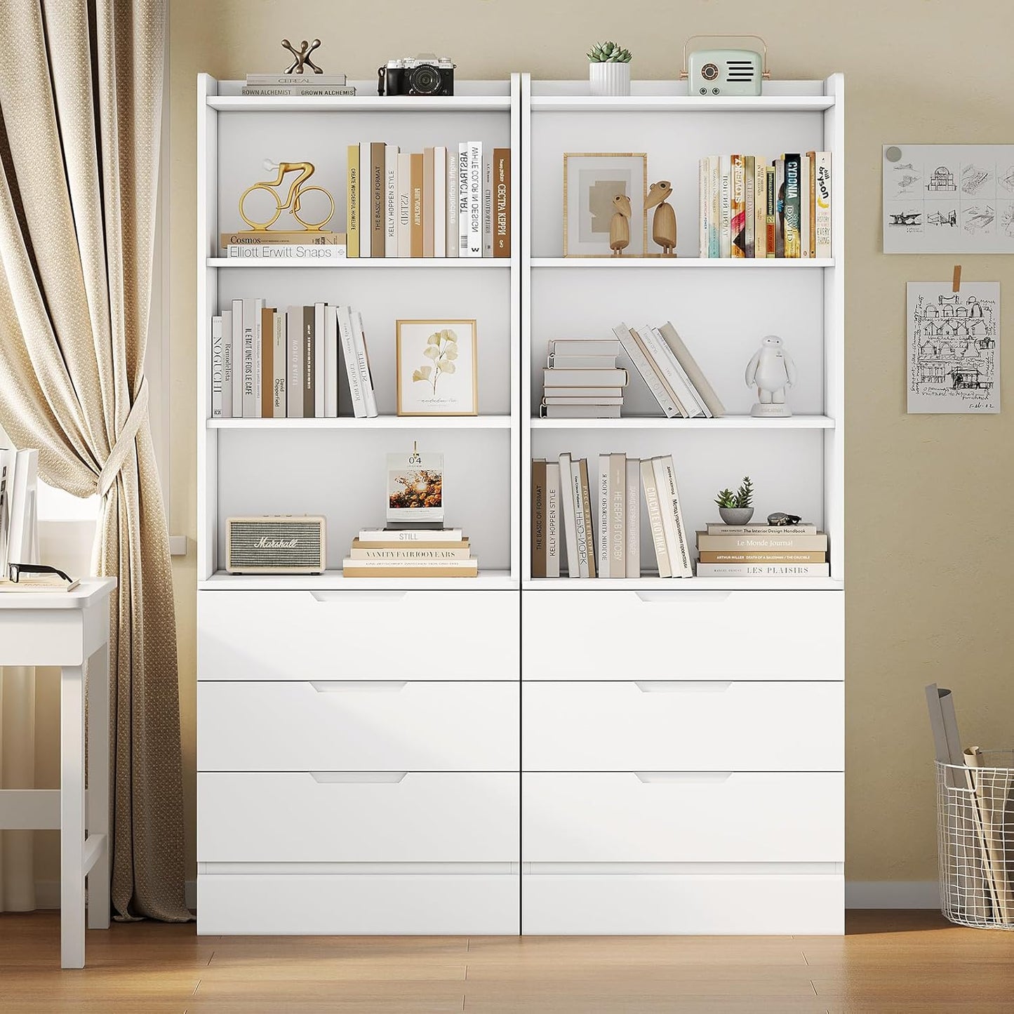 DICTAC Bookcase Set of 2 with 3 Drawers 73.23'' White Bookshelf Storage Cabinets with Shelves and Drawers Kitchen Pantry with Microwave Stand,Storage Organizer for Living Room,Office,Study, Bathroom