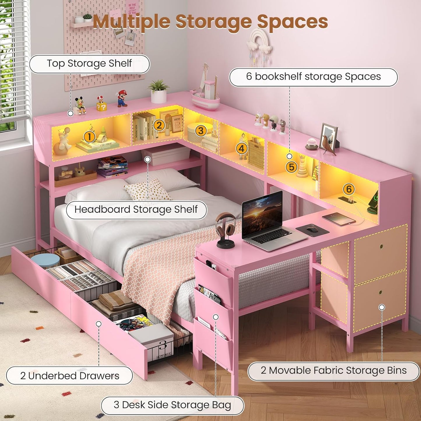 Hasuit Twin Corner Bed with Desk and Storage Bookcase, Daybed with 2 Drawers & 2 Storage Bins, Twin Size Platform Bed Frame with Charging Station and LED Light, Modern Teenagers Bedframe, Pink