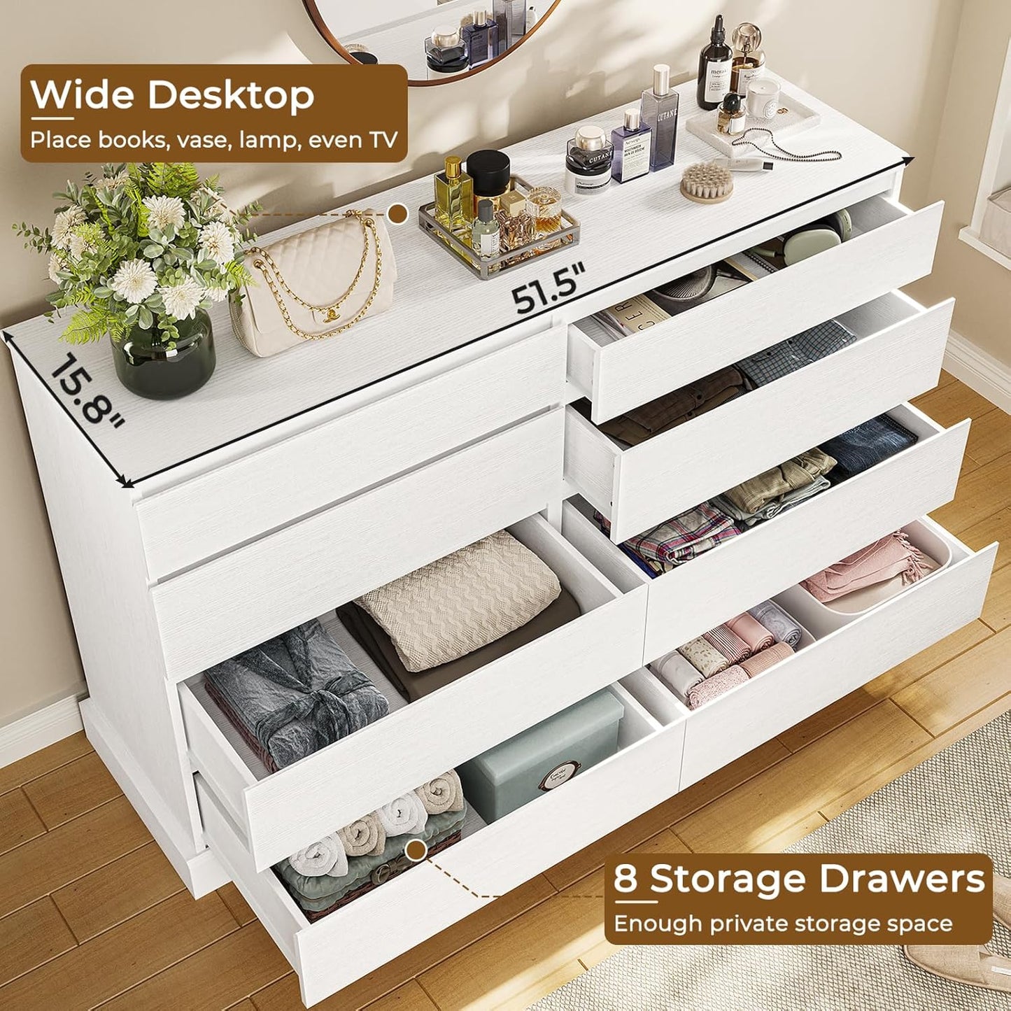 Hasuit White Dresser for Bedroom, Long Dresser with 8 Drawers, 51.5''W Wooden Dresser Chest of 8 Drawers, Large Capacity Clothing Storage Cabinet, Wide Dresser for Bedroom Living Room Entryway