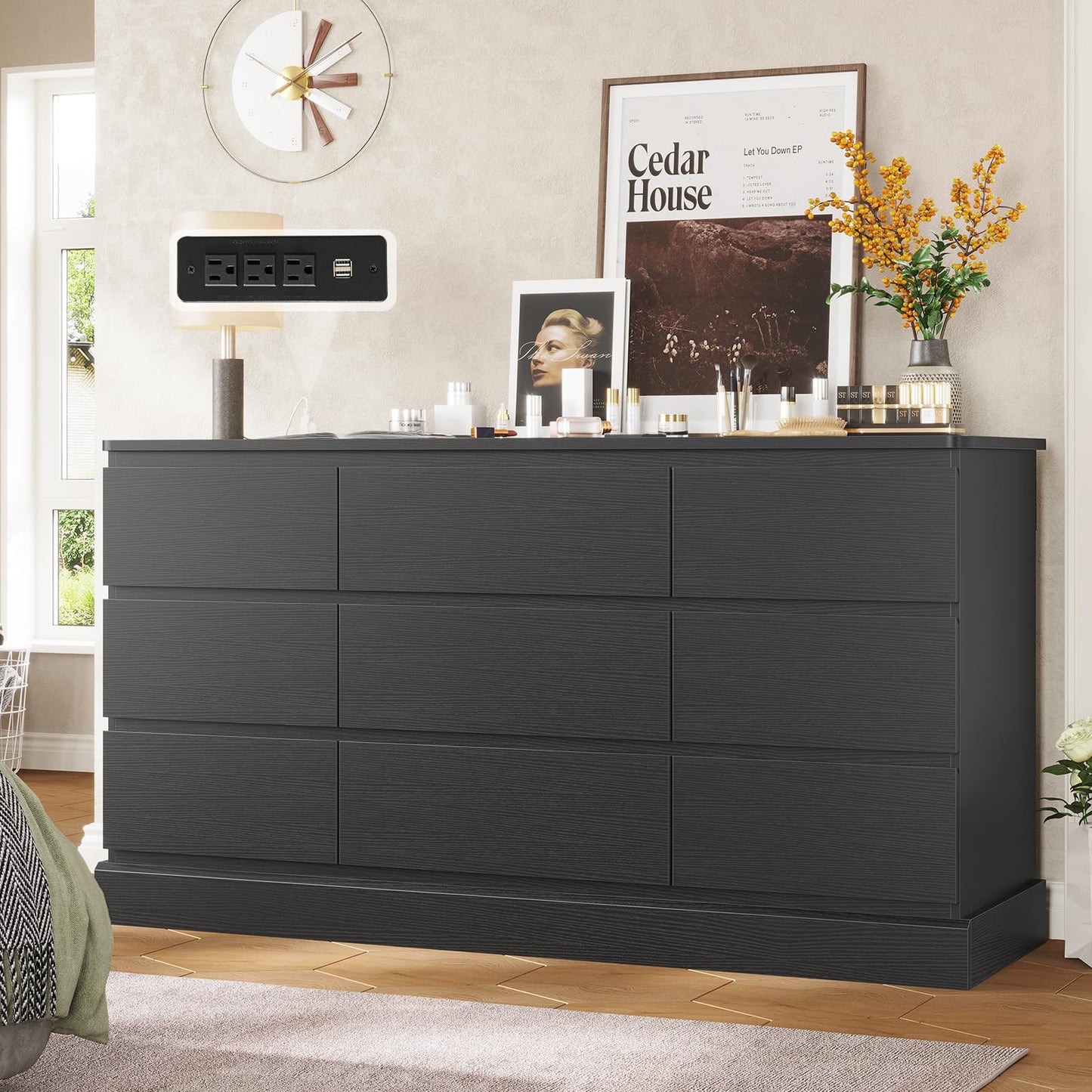 Hasuit Modern White Dresser for Bedroom with 9 Drawers, 61.4"Wide Dressers Chest of Drawer with Large Capacity Storage, Long Dresser TV Stand with Power Outlets, Sturdy Storage Cabinet for Living Room