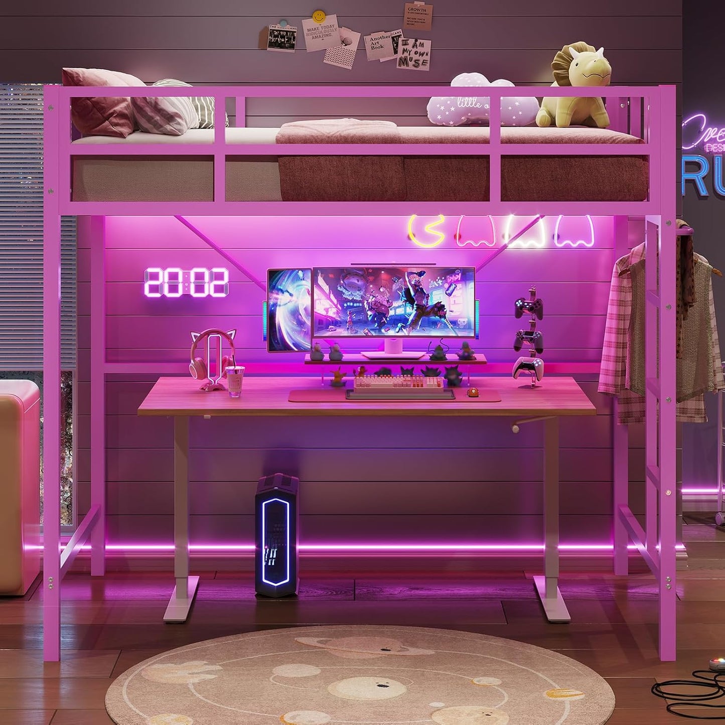 Hasuit Twin Pink Loft Bed with LED Lights, Loft Bed Twin Size with Full-Length Guardrail &Clothes Rack, Heavy Duty Loft Beds Frame, Space-Saving, Noise Free, No Box Spring Needed, Pink