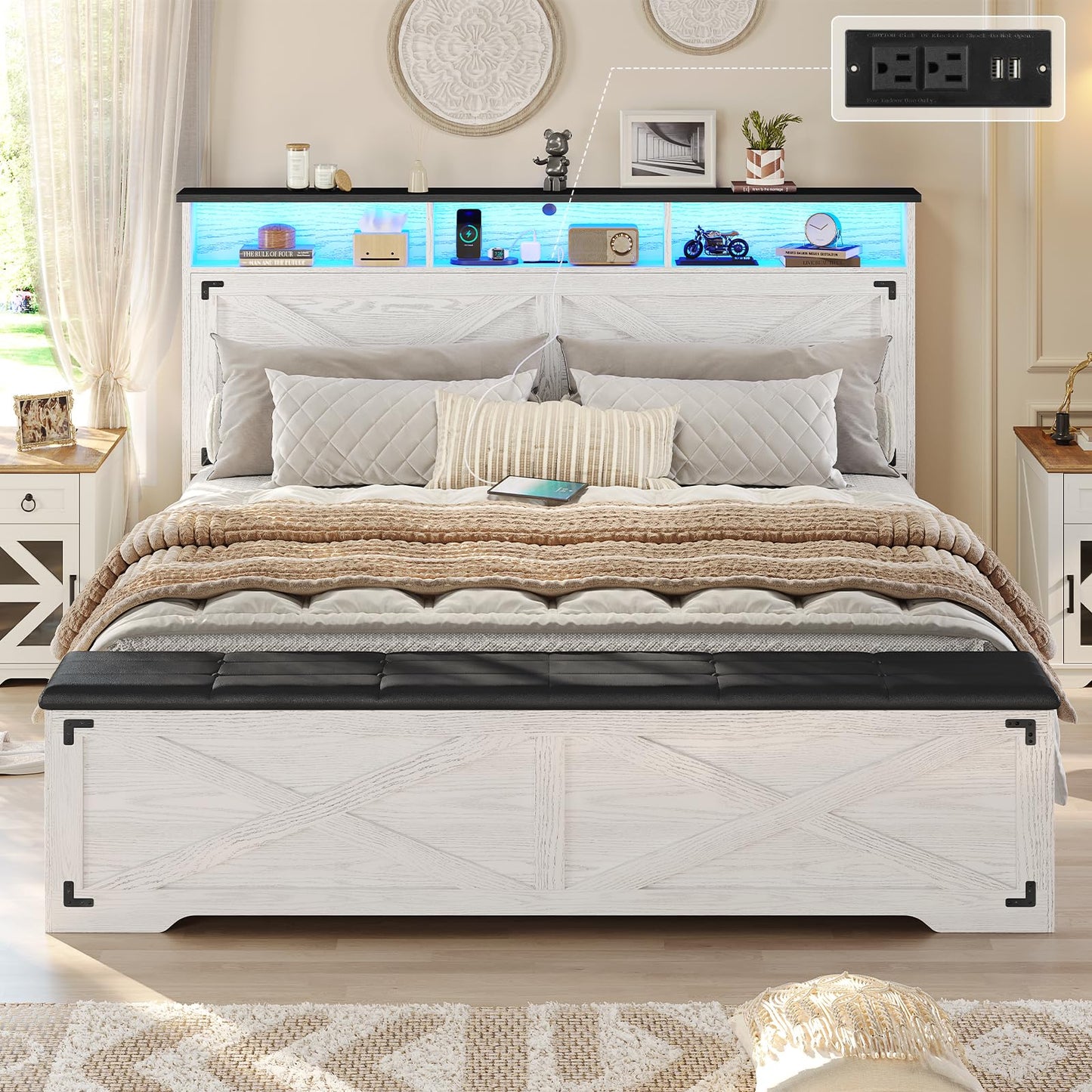 Hasuit Queen Size Bed Frame with Storage Ottoman, Farmhouse Bed Frame with Charging Station and Led Light, Headboard with Storage Rack, Metal Slats, No Noise Design, No Box Spring Needed,Oak Grey