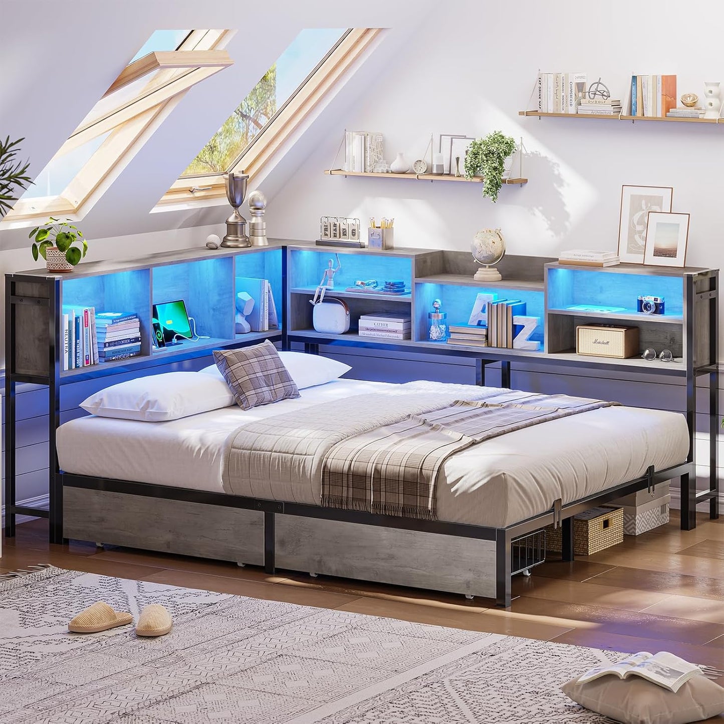 Hasuit Full Corner Bed Frame with Storage Bookcase, Full Size Daybed with 2 Underneath Storage Drawers, Kids Bed Unit with Charging Station and LED Light, Modern Teenagers Bedframe, Black&Gray