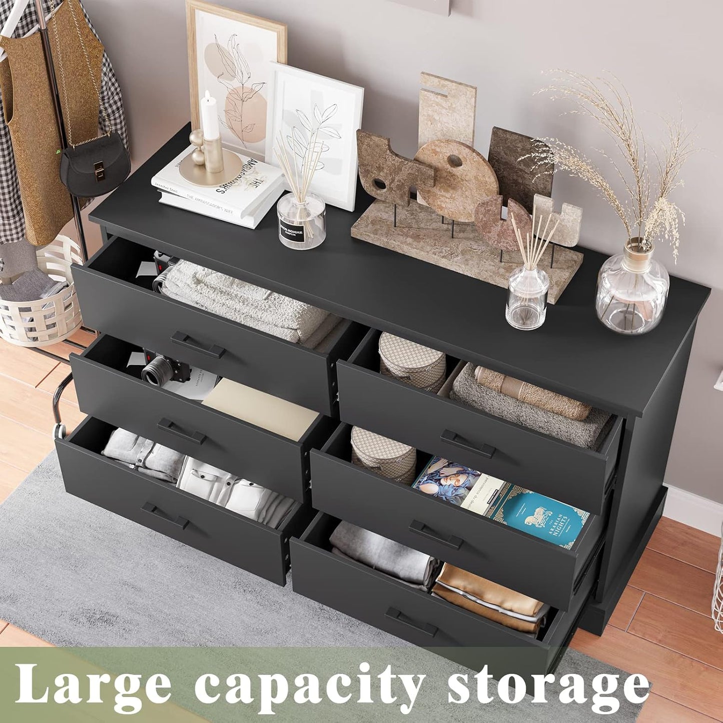 Hasuit Black 6 Drawer Double Dresser for Bedroom, Wood Storage Tower Clothes Organizer, Wide Chest of 6 Drawers, Large Storage Cabinet, Dresser with Sturdy Base for Bedroom, Hallway, Entryway