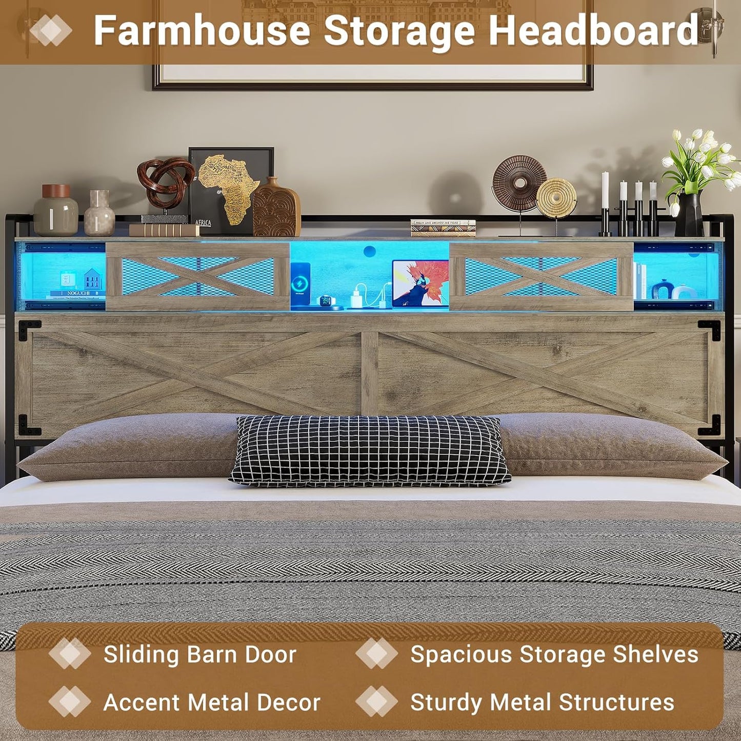 Hasuit King Bed Frame with Storage Headboard, Platform Bed King Size with Charging Station and LED Lights, Farmhouse Rustic Bed with Sliding Barn Door, Rustic Oak