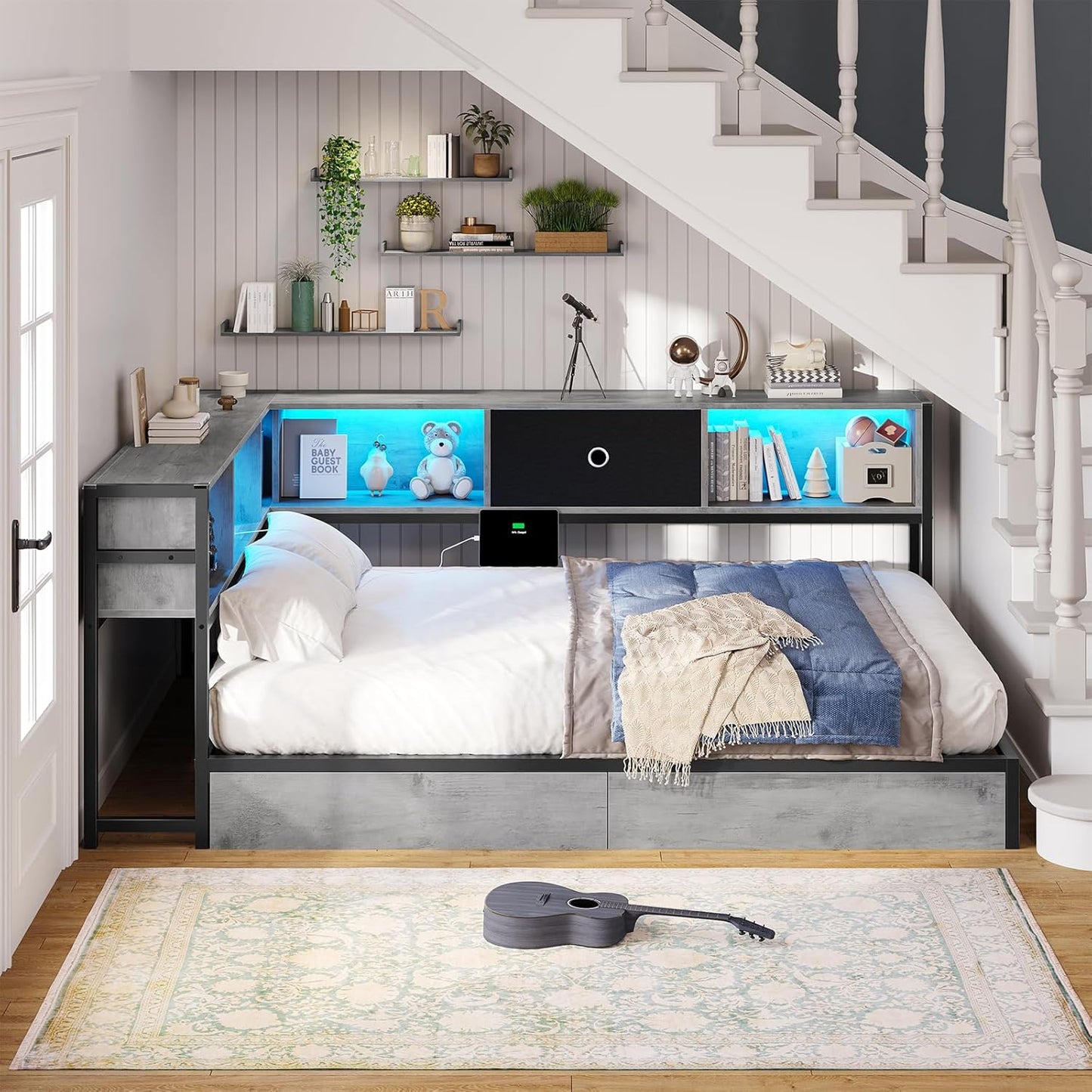 Hasuit Kids Corner Twin Bed with Storage, Charging & LED Light