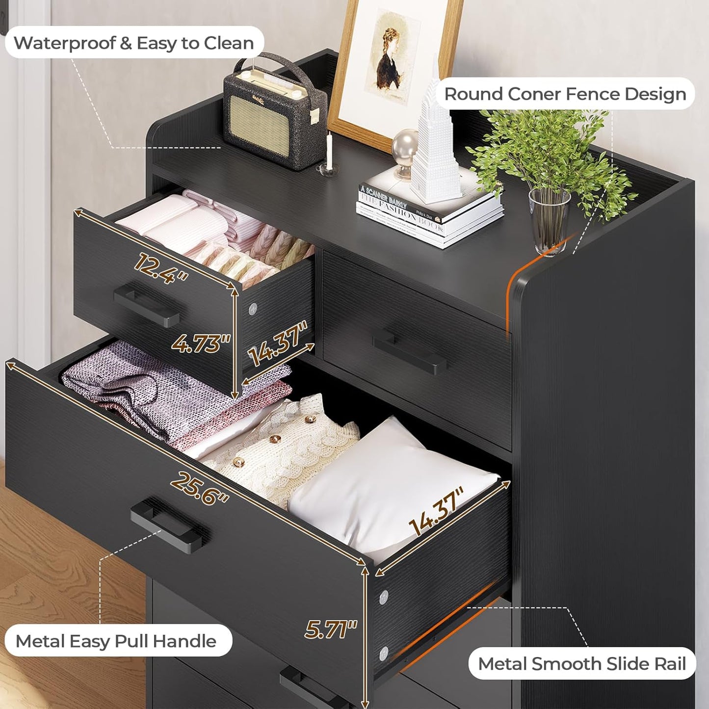 Hasuit Black 6 Drawer Dresser, Wooden Storage Chest of 6 Drawers, Vertical Large Capacity Clothing Storage Organizer, Tall Dressers for Bedroom, Hallway, Entryway