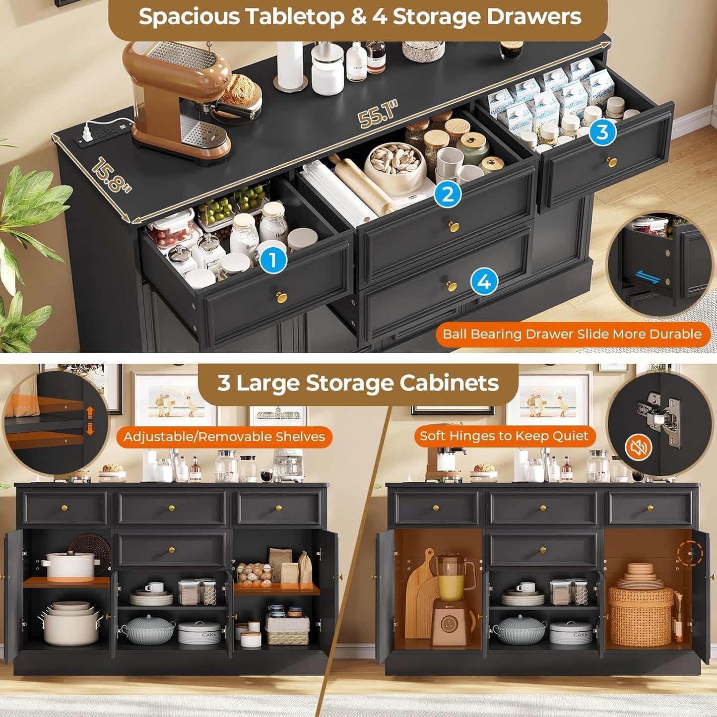 Hasuit 55.1"W Black Kitchen Sideboard Buffet Cabinet with Power Outlets and Storage Drawers