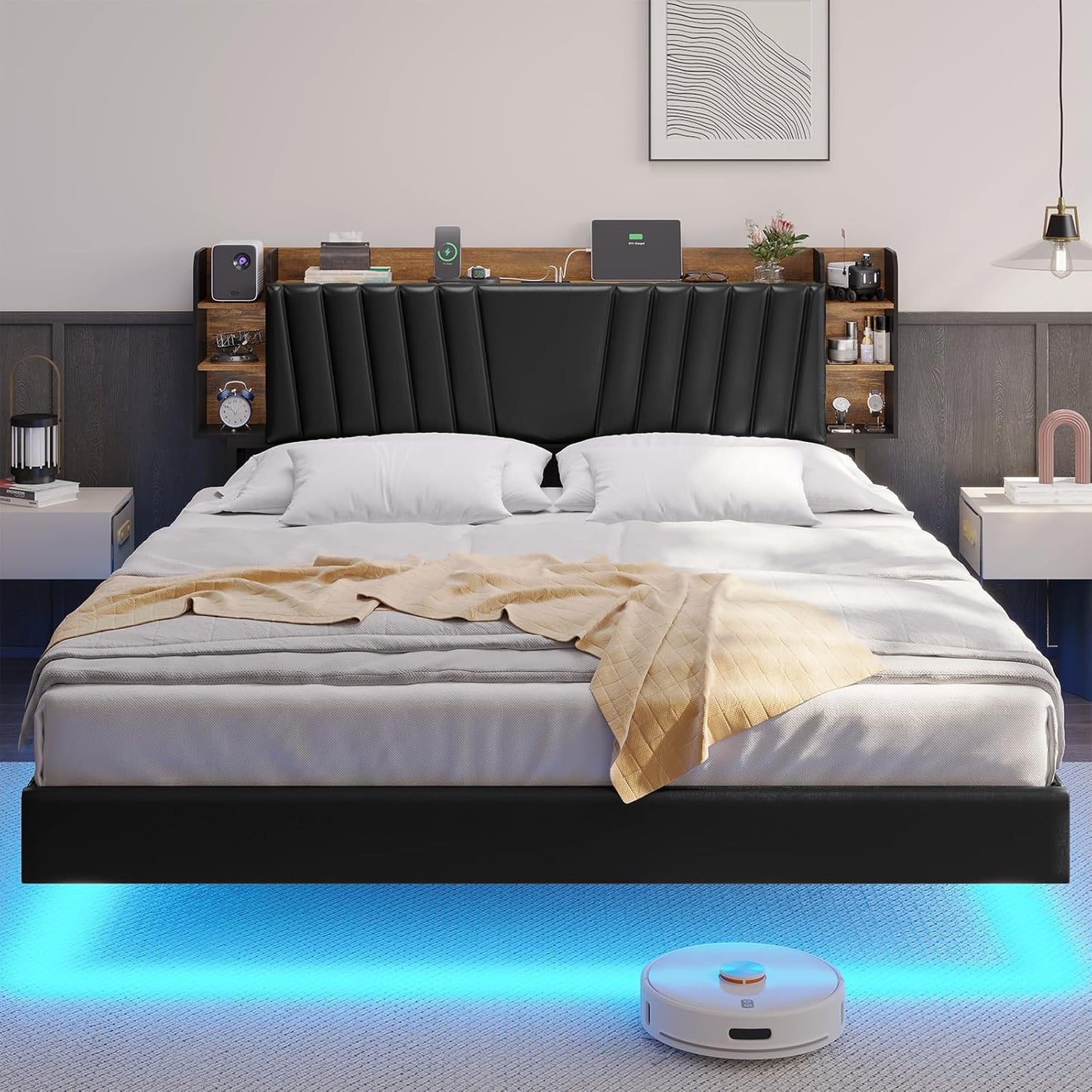 Hasuit California King Floating Led Bed Frame with Hidden Storage Headboard and Charging Station Cal King Size Visual Floating Platform Bed with Led Lights,No Box Spring Needed,Black+Rustic