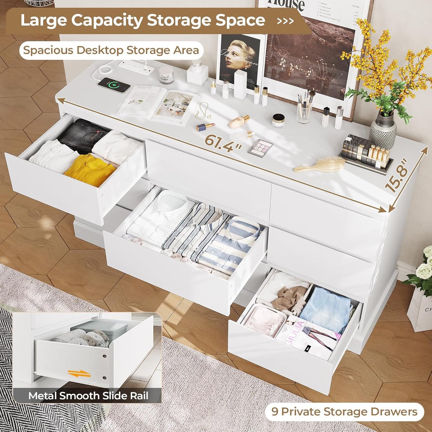 Hasuit Modern White Dresser for Bedroom with 9 Drawers, 61.4"Wide Dressers Chest of Drawer with Large Capacity Storage, Long Dresser TV Stand with Power Outlets, Sturdy Storage Cabinet for Living Room
