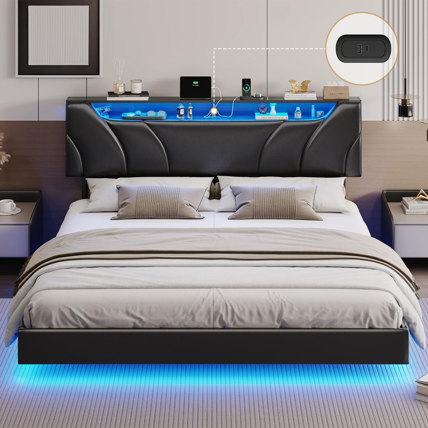 Hasuit California King Bed Frame with Hidden Storage Headboard and Charging Station Cal King Size Floating Bed Frame with Led Lights Upholstered Visual Floating Platform bed,No Box Spring Needed,Black