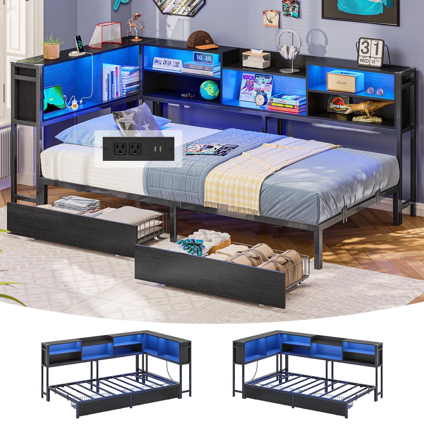 Hasuit Full Corner Bed Frame with Storage Bookcase, Full Size Daybed with 2 Underneath Storage Drawers, Kids Bed Unit with Charging Station and LED Light, Modern Teenagers Bedframe, Black&Gray