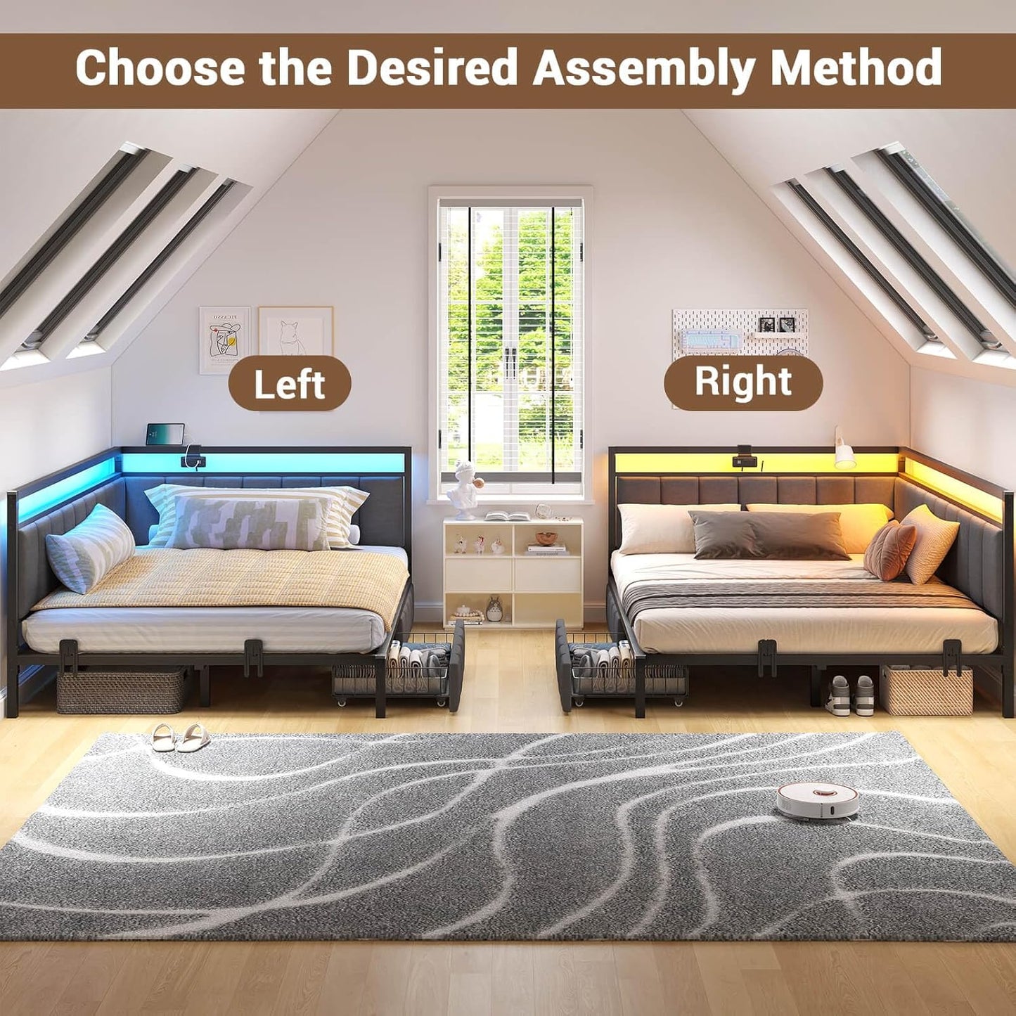 Hasuit Corner Bed Frame with Storage Drawers, Full Daybed with Line Fabric Upholstered Fence, Kids Bed Unit with LED Light and Charging Station, Modern Bed Frame Full Size, Gray