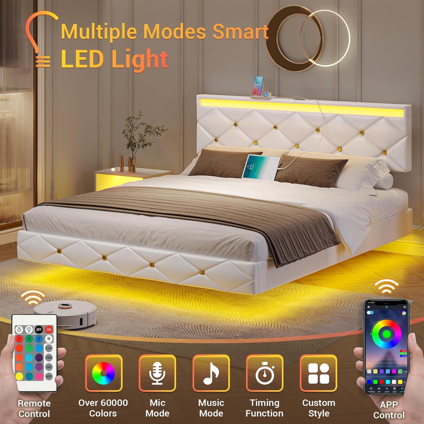 Hasuit Floating Bed Frame Queen Size with LED Lights and Charging Station, Modern Queen Platform Bed with Vegan Leather Upholstered Headboard, No Box Spring Needed, Noise Free, Easy to Assemble