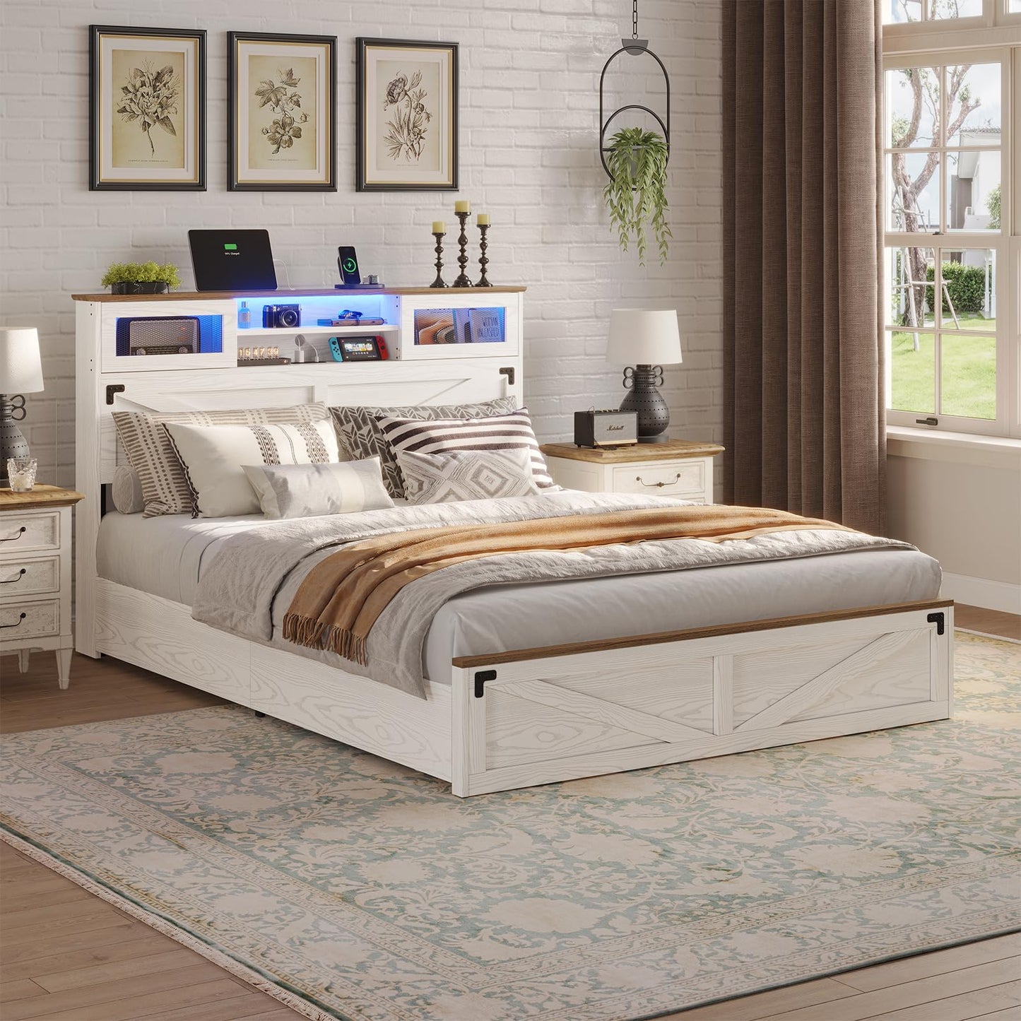 Hasuit Farmhouse Bed Frame King Size with Bookcase Headboard and 2 Drawers, Wooden Platform King Bed with LED Lights and Charging Station, Rustic Accent Headboard with Sliding Door, Rustic Brown