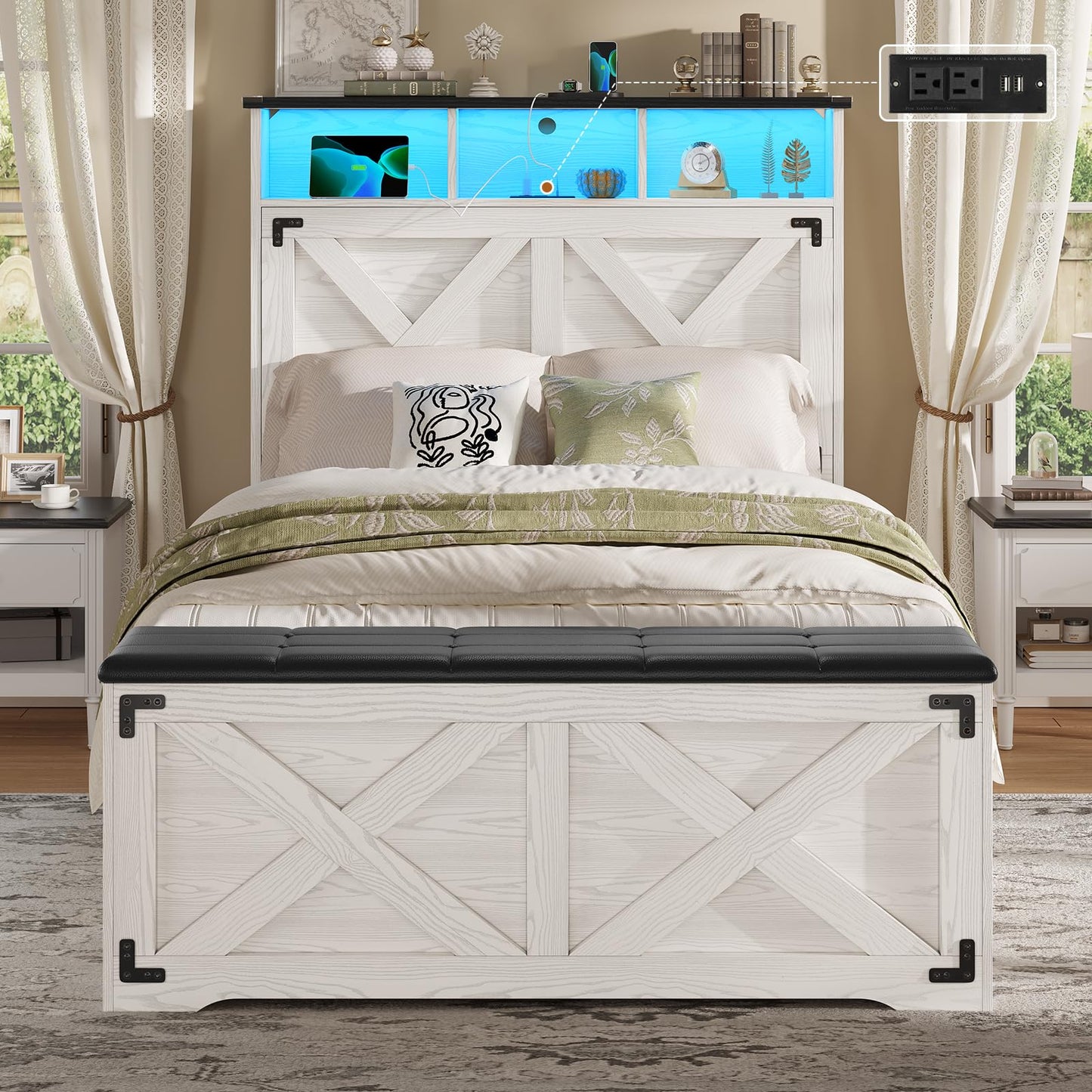 Hasuit Queen Size Bed Frame with Storage Ottoman, Farmhouse Bed Frame with Charging Station and Led Light, Headboard with Storage Rack, Metal Slats, No Noise Design, No Box Spring Needed,Oak Grey