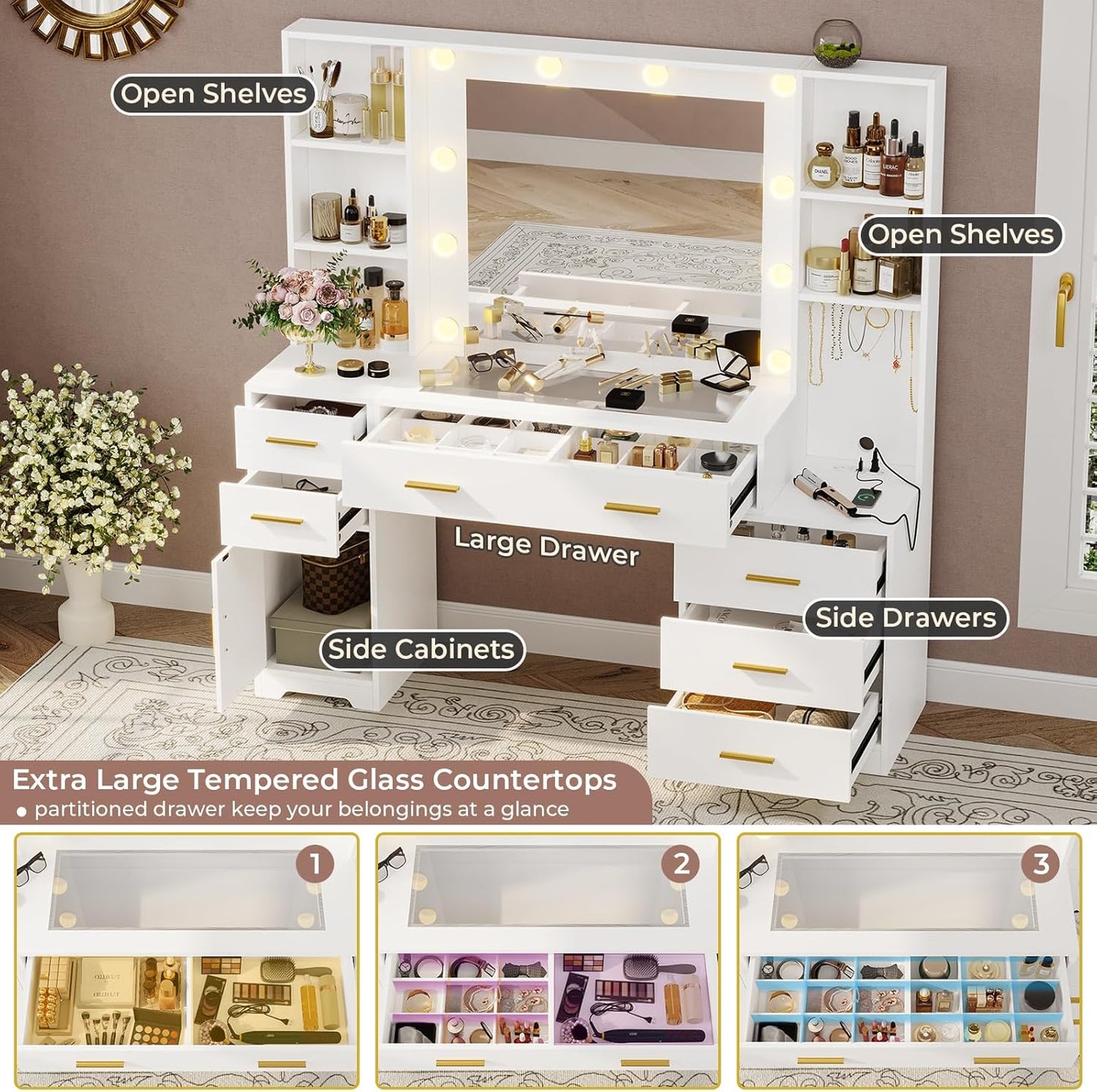 Hasuit 48.8'' Large Vanity Desk with Lighted Mirror & Power Outlet, White Makeup Vanity Table with 6 Drawers, 4 Shelves and 1 Storage Cabinet, Glass Tabletop Bedroom Dressing Table, 3 Lighting Modes