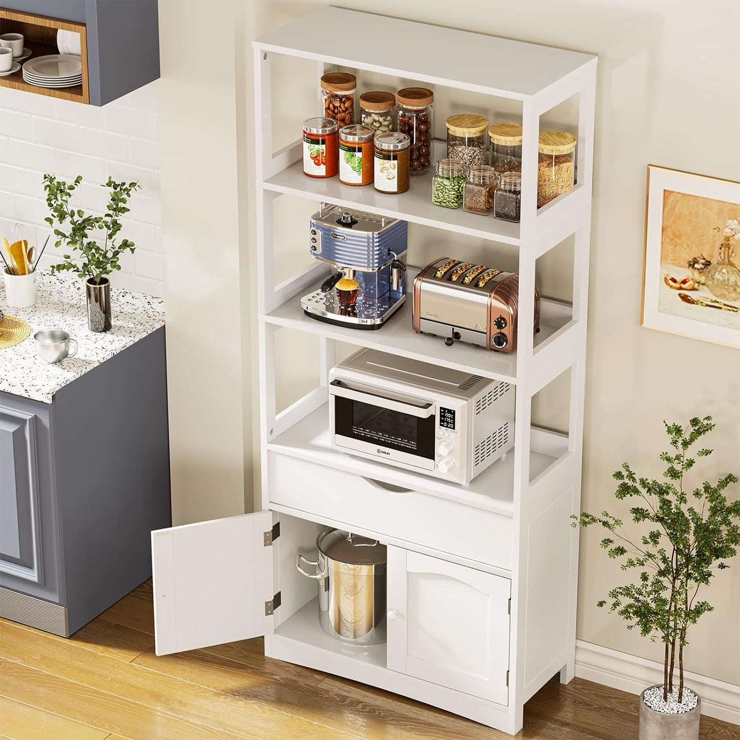 DICTAC Kitchen Pantry Storage Cabinets Freestanding Tall Bathroom Cabinet with Shelves and Drawer 64''H Sideboard Microwave Space Cupboard Organizer for Home Office,White, 23.62x13x64.06inch