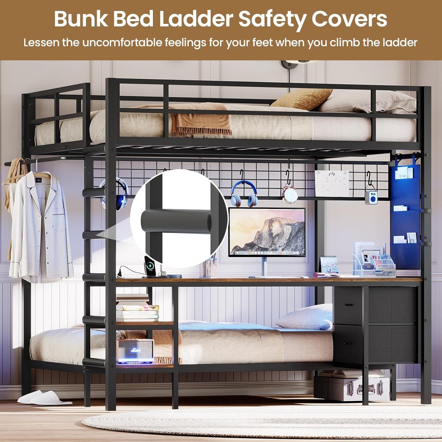 Hasuit Full Over Twin Bunk Bed with Desk Convertible Storage Shelf,Metal Loft Bed with Led Lights & Charging Station,Bunk Beds for Teens with Safety Guard & Stairs,Space Saving Bedroom Furniture,Black