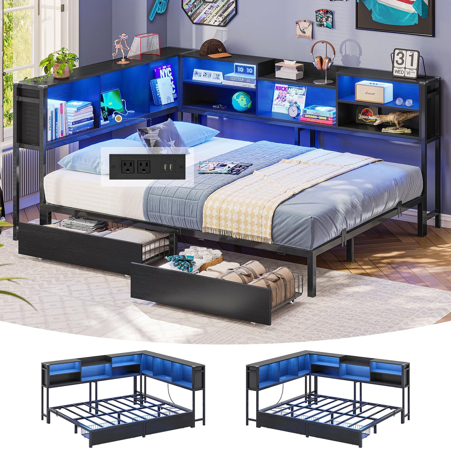 Hasuit Full Corner Bed Frame with Storage Bookcase, Full Size Daybed with 2 Underneath Storage Drawers, Kids Bed Unit with Charging Station and LED Light, Modern Teenagers Bedframe, Black&Gray