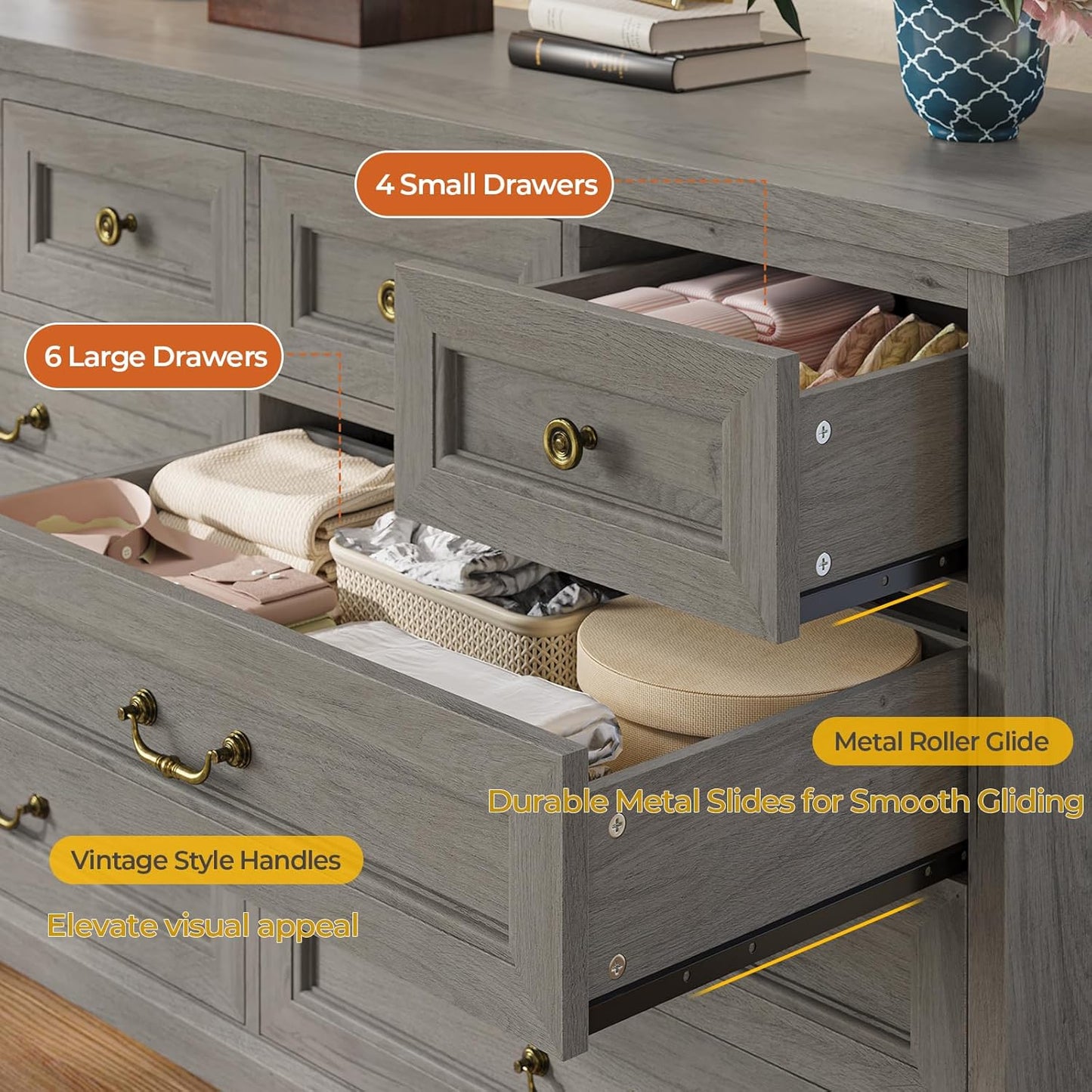 Hasuit Farmhouse 10 Drawer Dresser for Bedroom, 55.1" Wide Dressers Chest of Drawers, Rustic Wood Storage Cabinet with Deep Drawers and Vintage Handle, Large Gray Dresser for Bedroom, Closet, Hallway