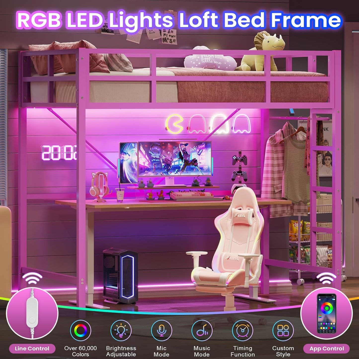 Hasuit Twin Pink Loft Bed with LED Lights, Loft Bed Twin Size with Full-Length Guardrail &Clothes Rack, Heavy Duty Loft Beds Frame, Space-Saving, Noise Free, No Box Spring Needed, Pink