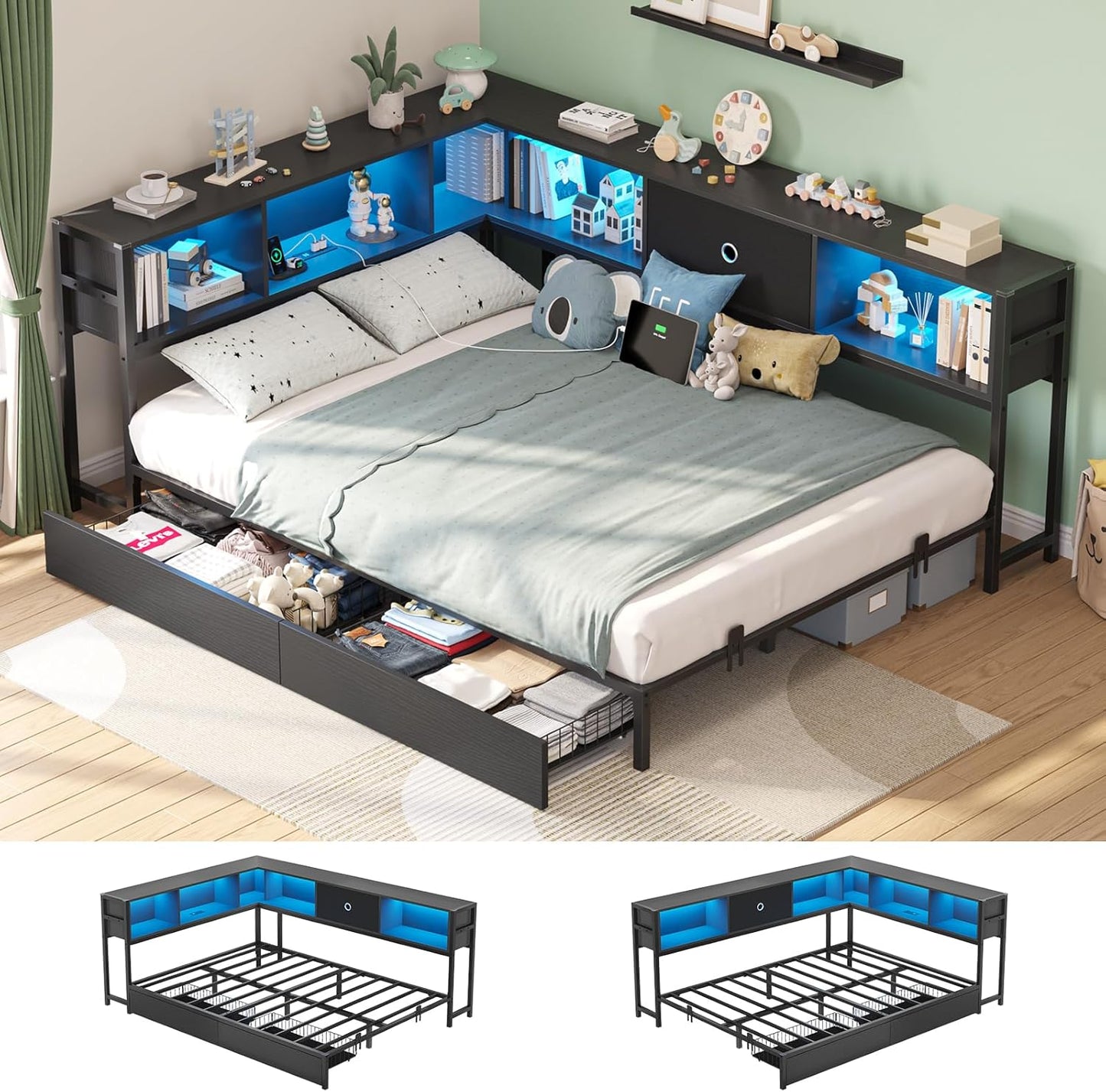 Hasuit Kids Corner Twin Bed with Storage, Charging & LED Light