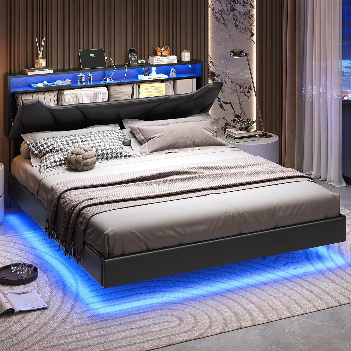 Hasuit California King Bed Frame with Hidden Storage Headboard and Charging Station Cal King Size Floating Bed Frame with Led Lights Upholstered Visual Floating Platform bed,No Box Spring Needed,Black