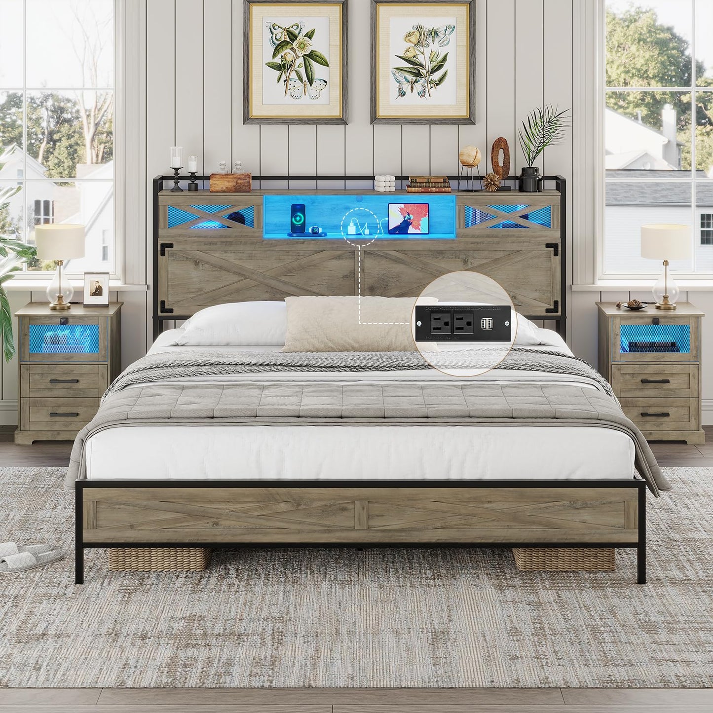 Hasuit King Bed Frame with Storage Headboard, Platform Bed King Size with Charging Station and LED Lights, Farmhouse Rustic Bed with Sliding Barn Door, Rustic Oak