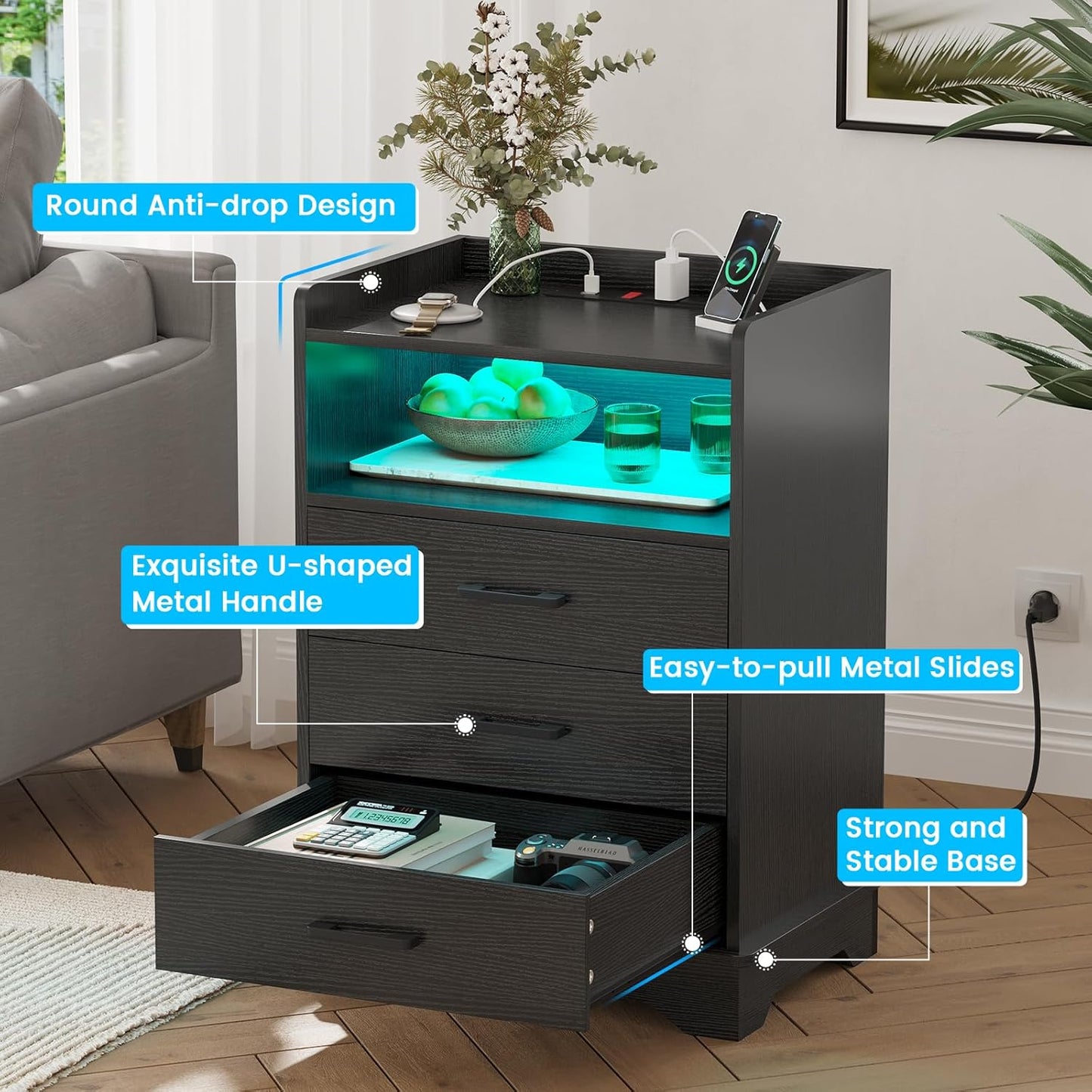 Hasuit Nightstand with Charging Station and LED Lights, Modern End Table with 3 Drawers and Open Storage, Large Bedside Table with Sturdy Base, Black Night Stand for Bedroom