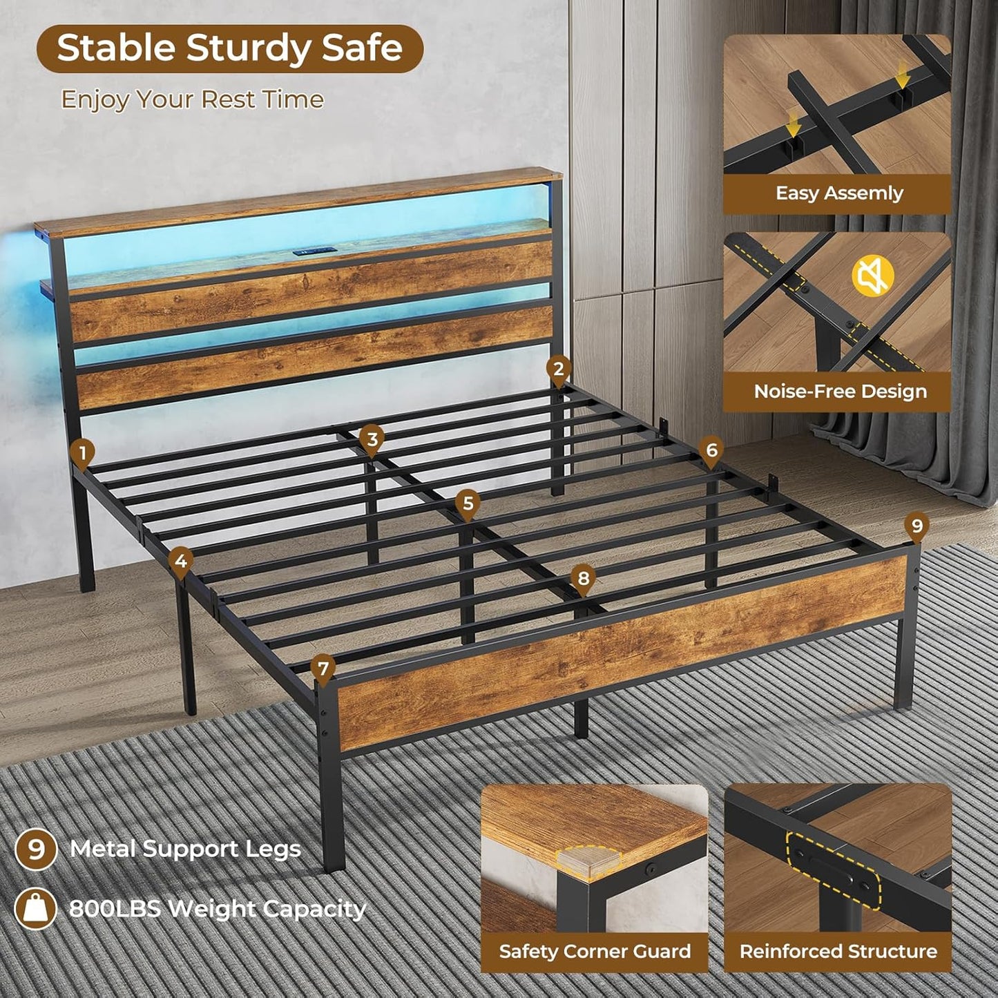 Hasuit Queen Bed Frame with Headboard, LED Lights and Charging Station, Metal Platform Bed Queen Size with Heavy Duty Slats, Under Bed Storage, Fast Assembly, No Box Spring Needed, Noise Free
