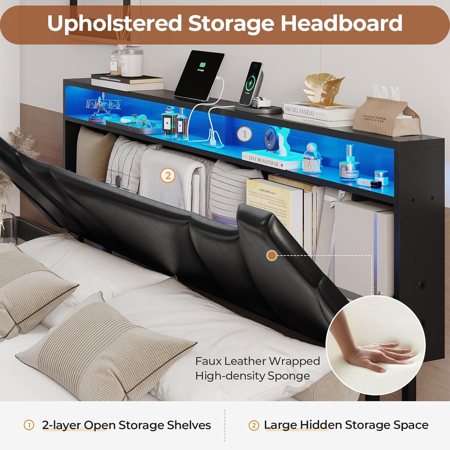 Hasuit California King Bed Frame with Hidden Storage Headboard and Charging Station Cal King Size Floating Bed Frame with Led Lights Upholstered Visual Floating Platform bed,No Box Spring Needed,Black