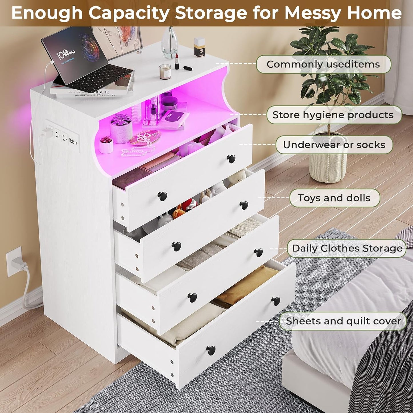 Hasuit White Dresser with Charging Station, LED Dresser with 4 Large Drawers, Chest of Drawers with Open Space, Large Capacity Tall Storage Cabinet, White Dressers for Bedroom