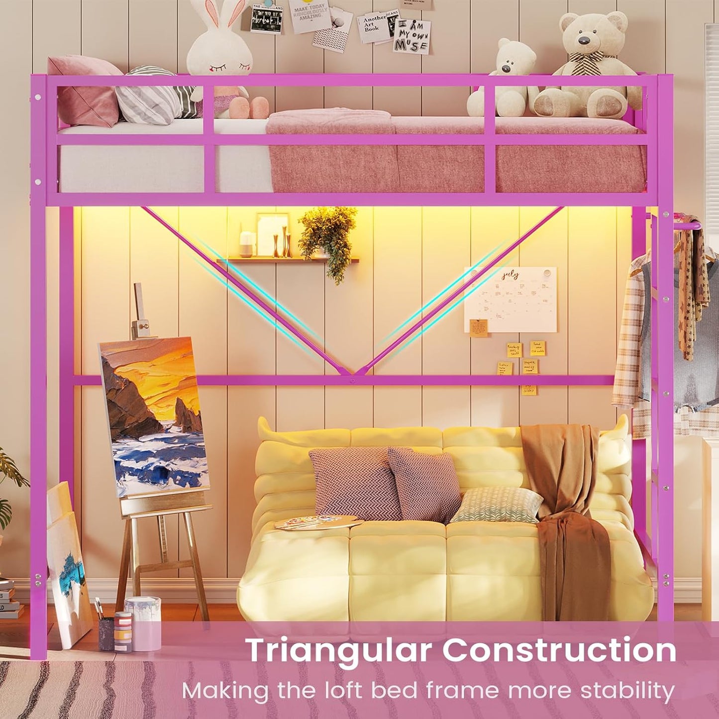 Hasuit Twin Pink Loft Bed with LED Lights, Loft Bed Twin Size with Full-Length Guardrail &Clothes Rack, Heavy Duty Loft Beds Frame, Space-Saving, Noise Free, No Box Spring Needed, Pink