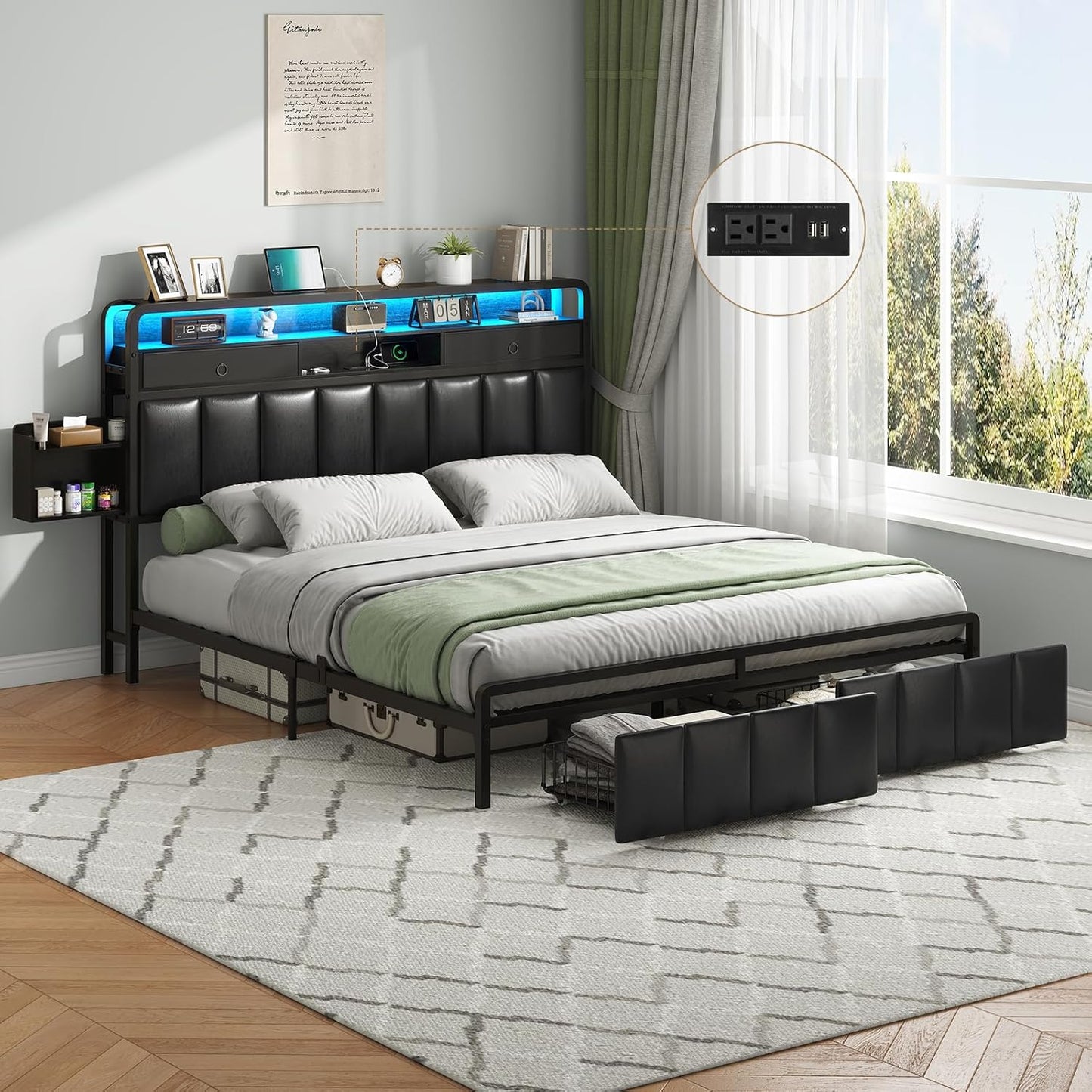 King Bed Frame with Storage Drawers, Upholstered Headboard with Hidden Storage Shelf, LED Lights and Charging Station, Metal Platform Bed Frame Queen Size, Noise Free, No Box Spring Needed