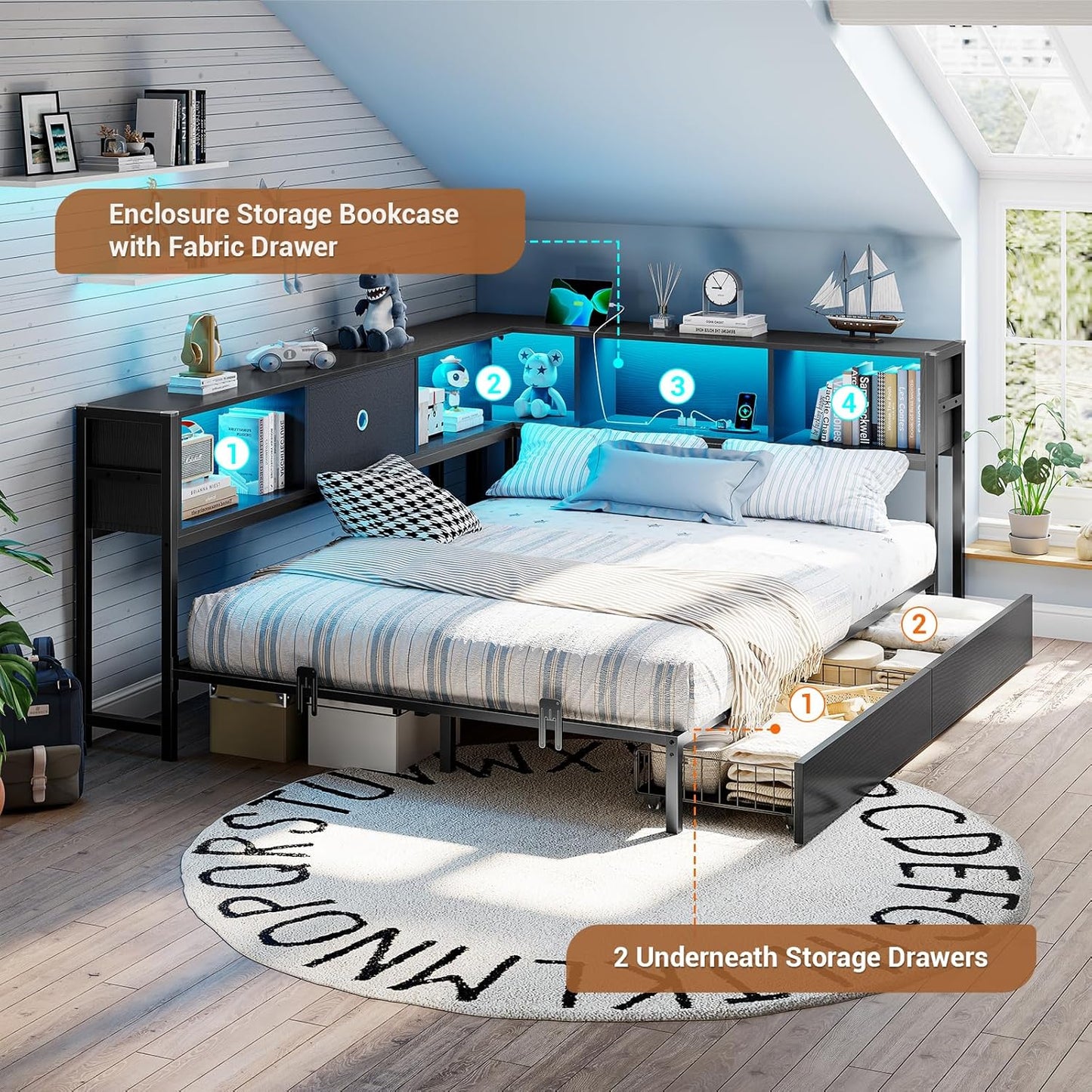 Hasuit Kids Corner Twin Bed with Storage, Charging & LED Light