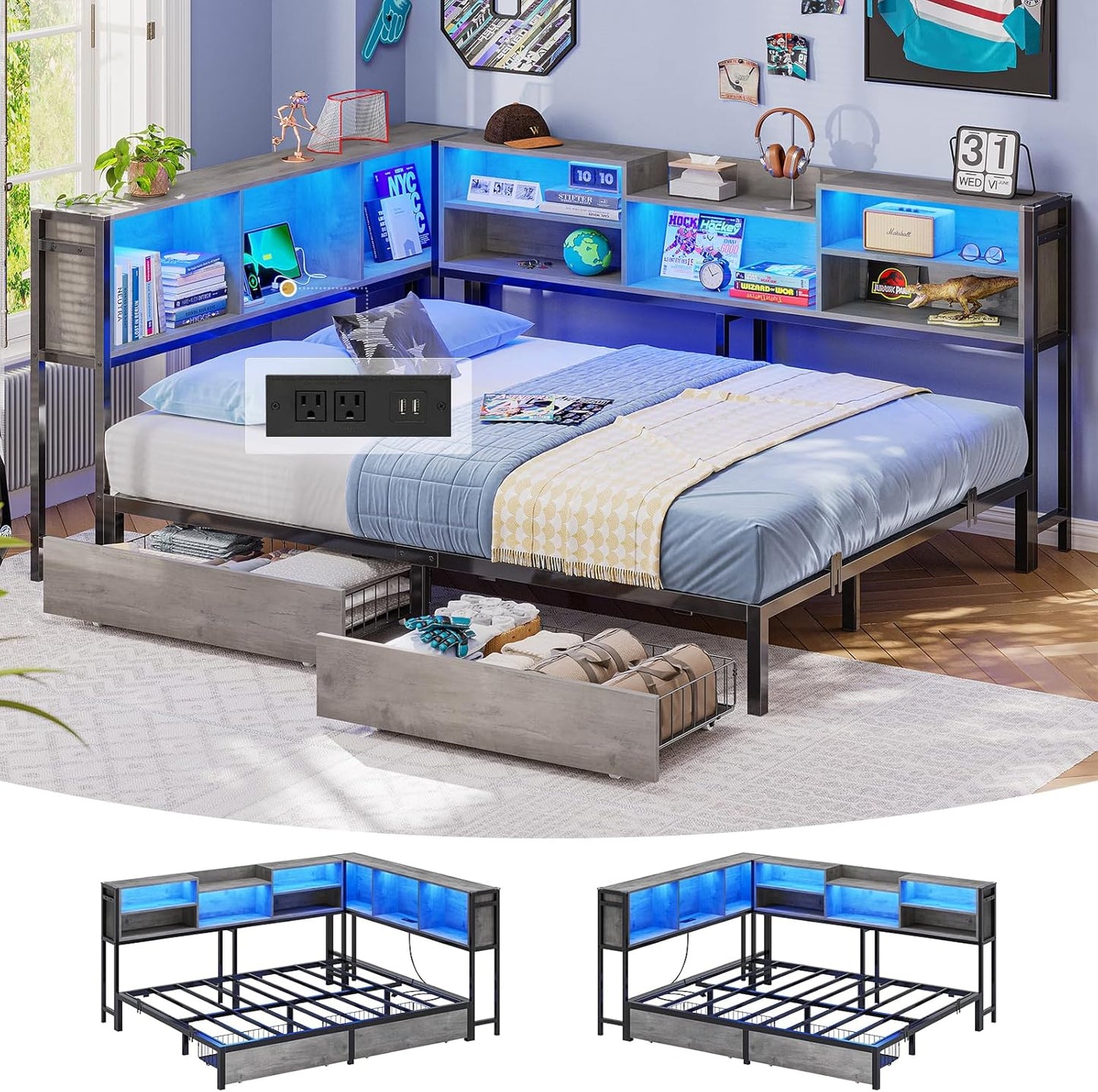 Hasuit Full Corner Bed Frame with Storage Bookcase, Full Size Daybed with 2 Underneath Storage Drawers, Kids Bed Unit with Charging Station and LED Light, Modern Teenagers Bedframe, Black&Gray