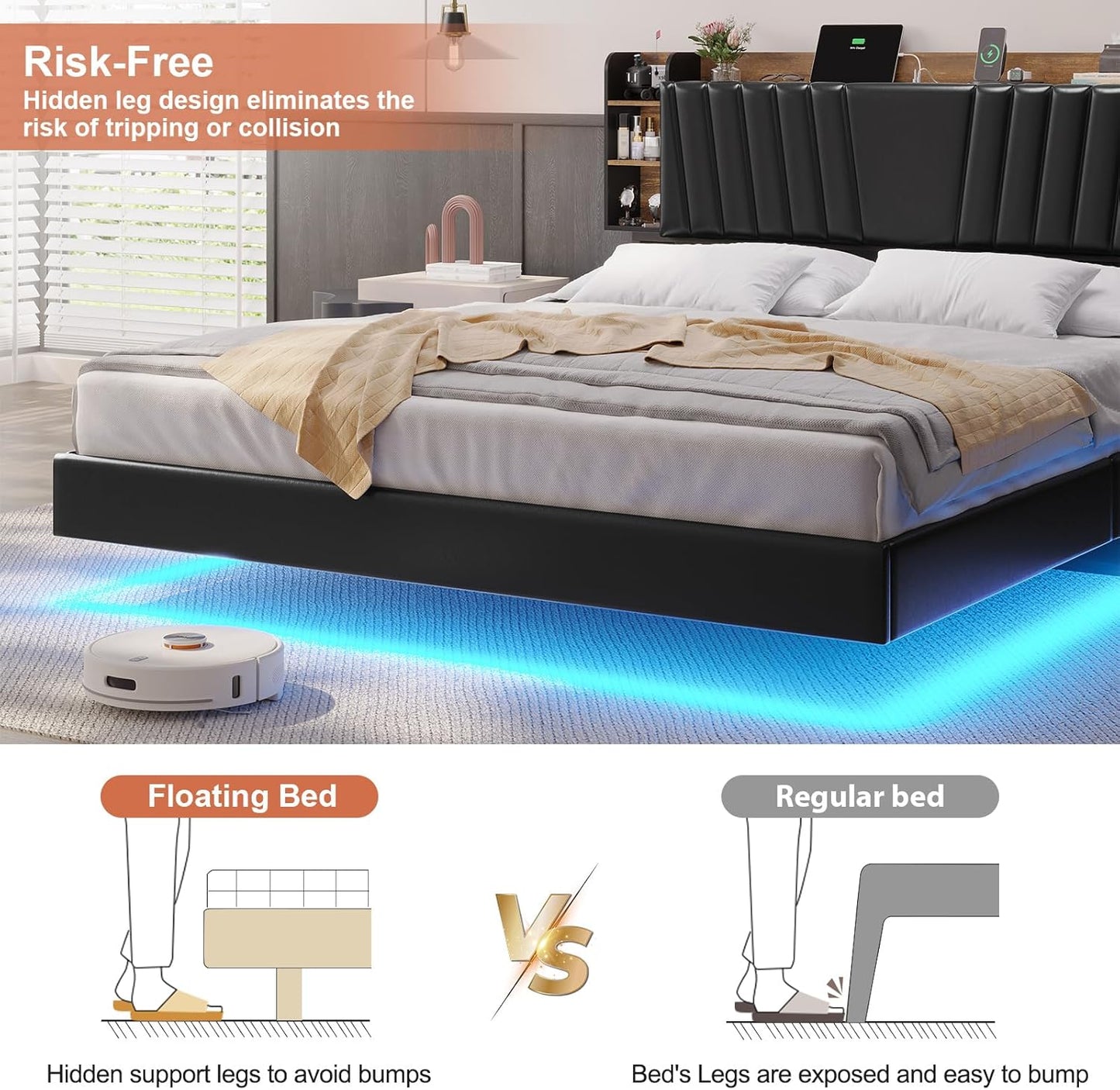 Hasuit California King Floating Led Bed Frame with Hidden Storage Headboard and Charging Station Cal King Size Visual Floating Platform Bed with Led Lights,No Box Spring Needed,Black+Rustic