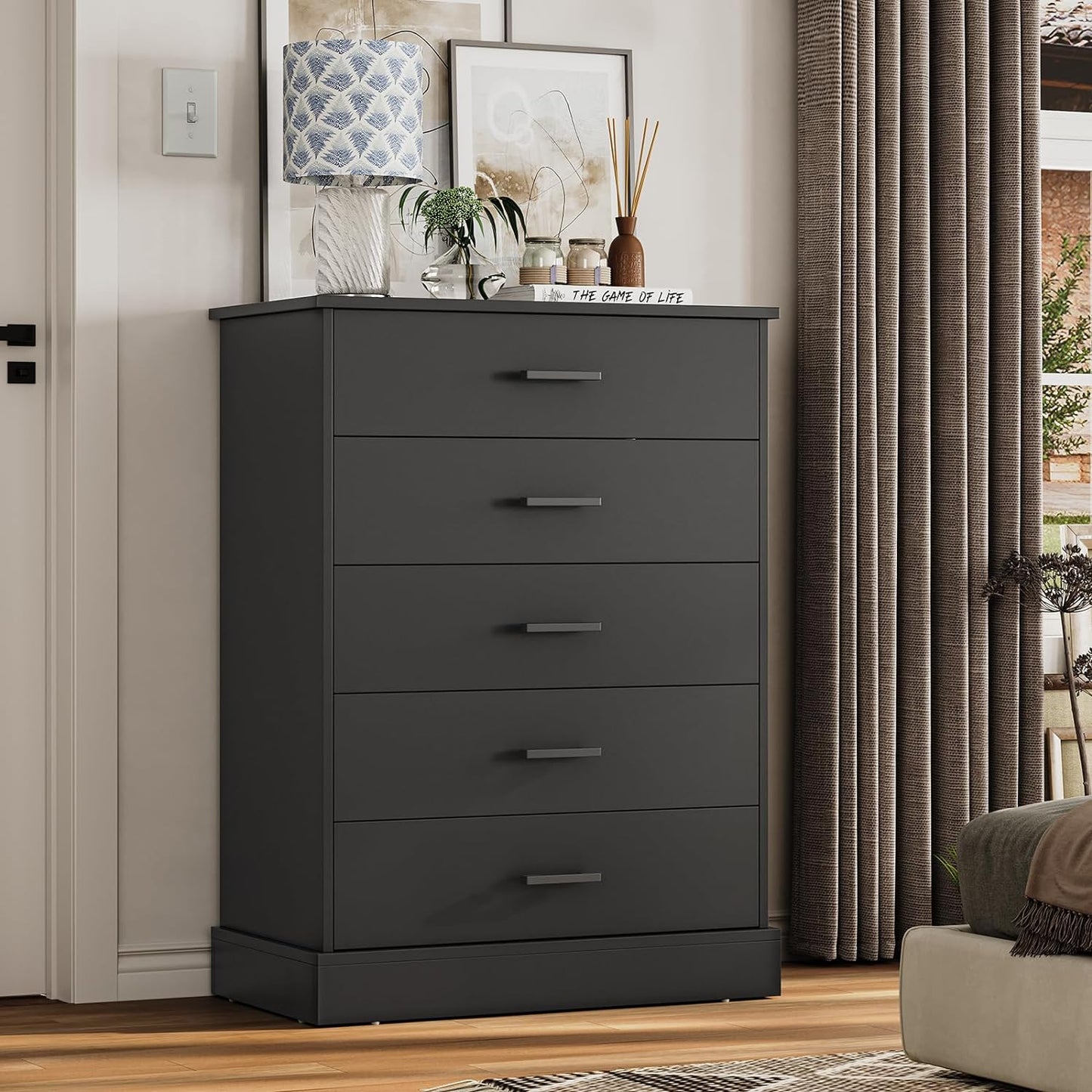 Hasuit Black Dresser for Bedroom, 5 Drawer Dresser with Sturdy Base, Wooden Large Capacity Storage Cabinet, Tall Chest of 5 Drawers for Closet, Living Room, Hallway