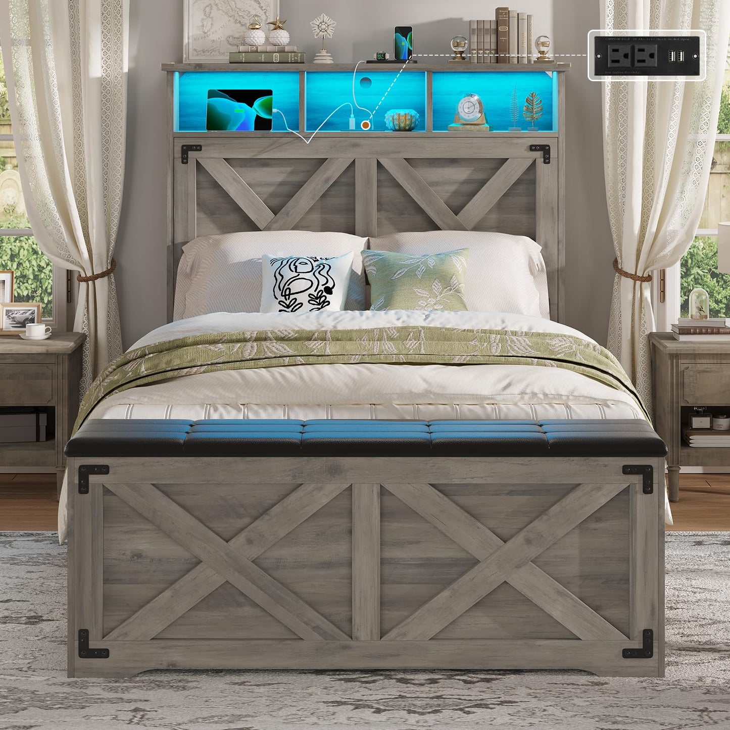 Hasuit Queen Size Bed Frame with Storage Ottoman, Farmhouse Bed Frame with Charging Station and Led Light, Headboard with Storage Rack, Metal Slats, No Noise Design, No Box Spring Needed,Oak Grey