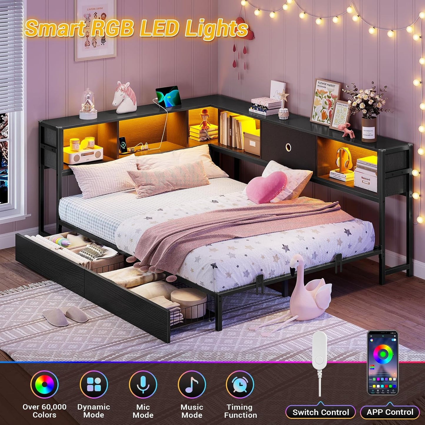 Hasuit Kids Corner Twin Bed with Storage, Charging & LED Light