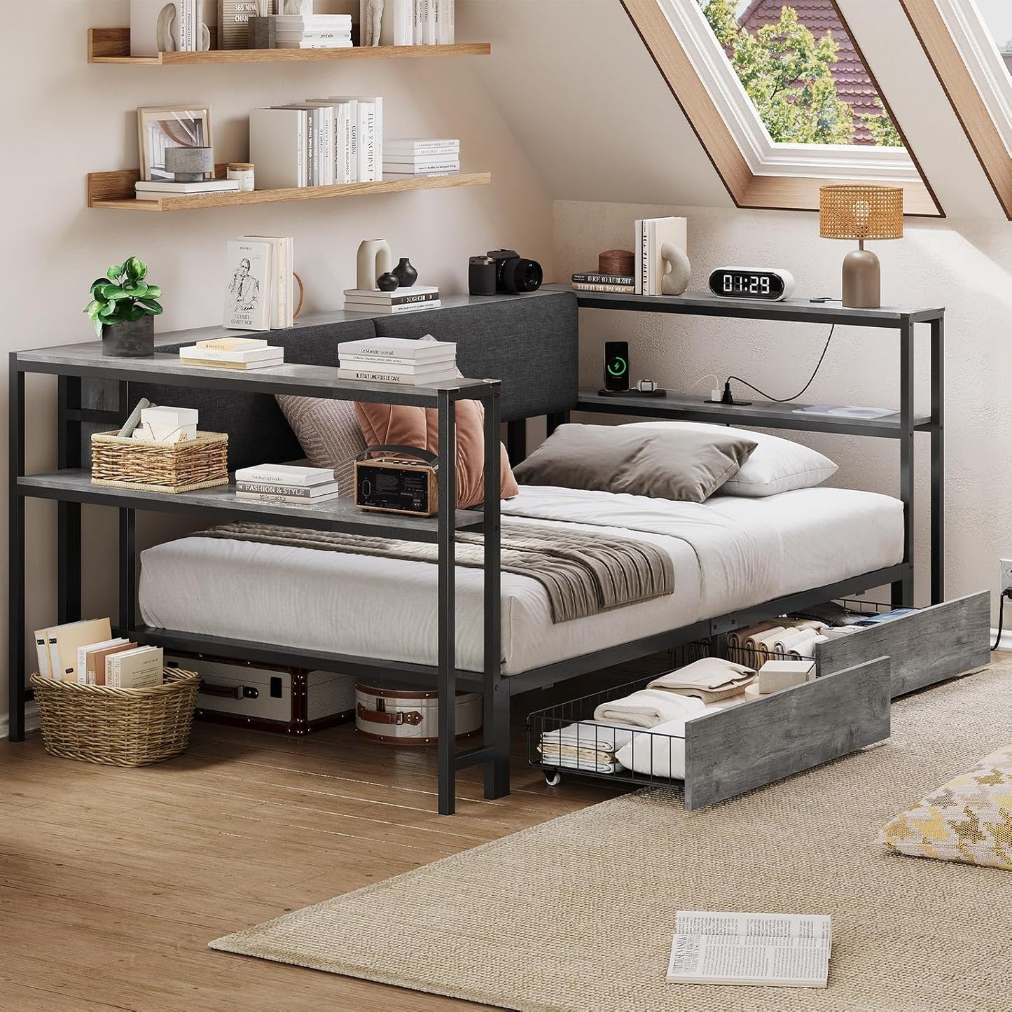 Hasuit Twin Daybed with Storage Bookcase and Drawers, Kids Bedroom Bed Frame Twin Size Unit with Charging Station, Corner Bed with Armrest Storage Shelves and Upholstered Backrest for Small Space