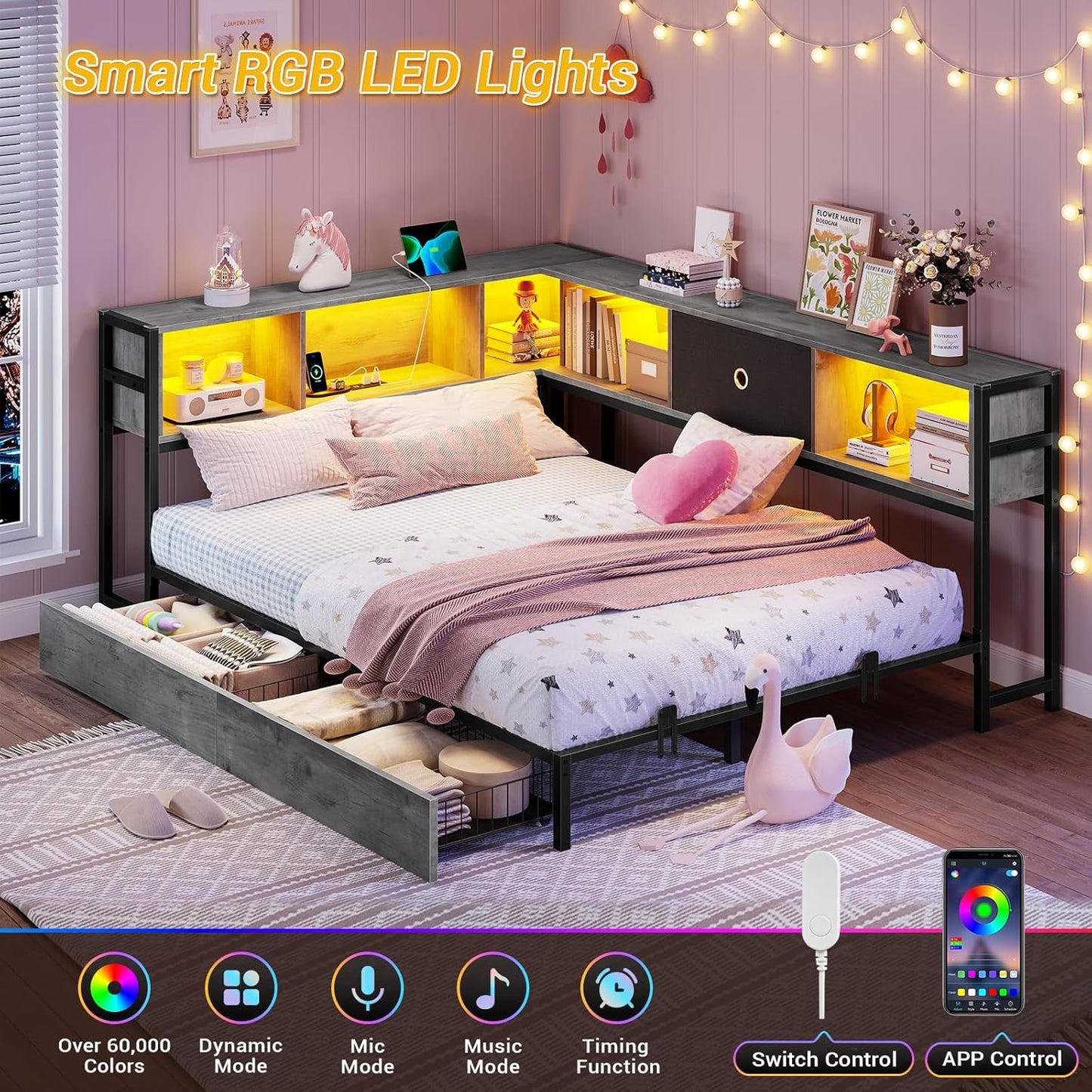 Hasuit Kids Corner Twin Bed with Storage, Charging & LED Light