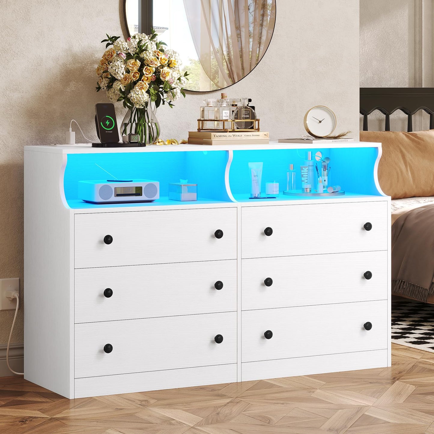 Hasuit White Dresser with Charging Station, LED Dresser with 4 Large Drawers, Chest of Drawers with Open Space, Large Capacity Tall Storage Cabinet, White Dressers for Bedroom
