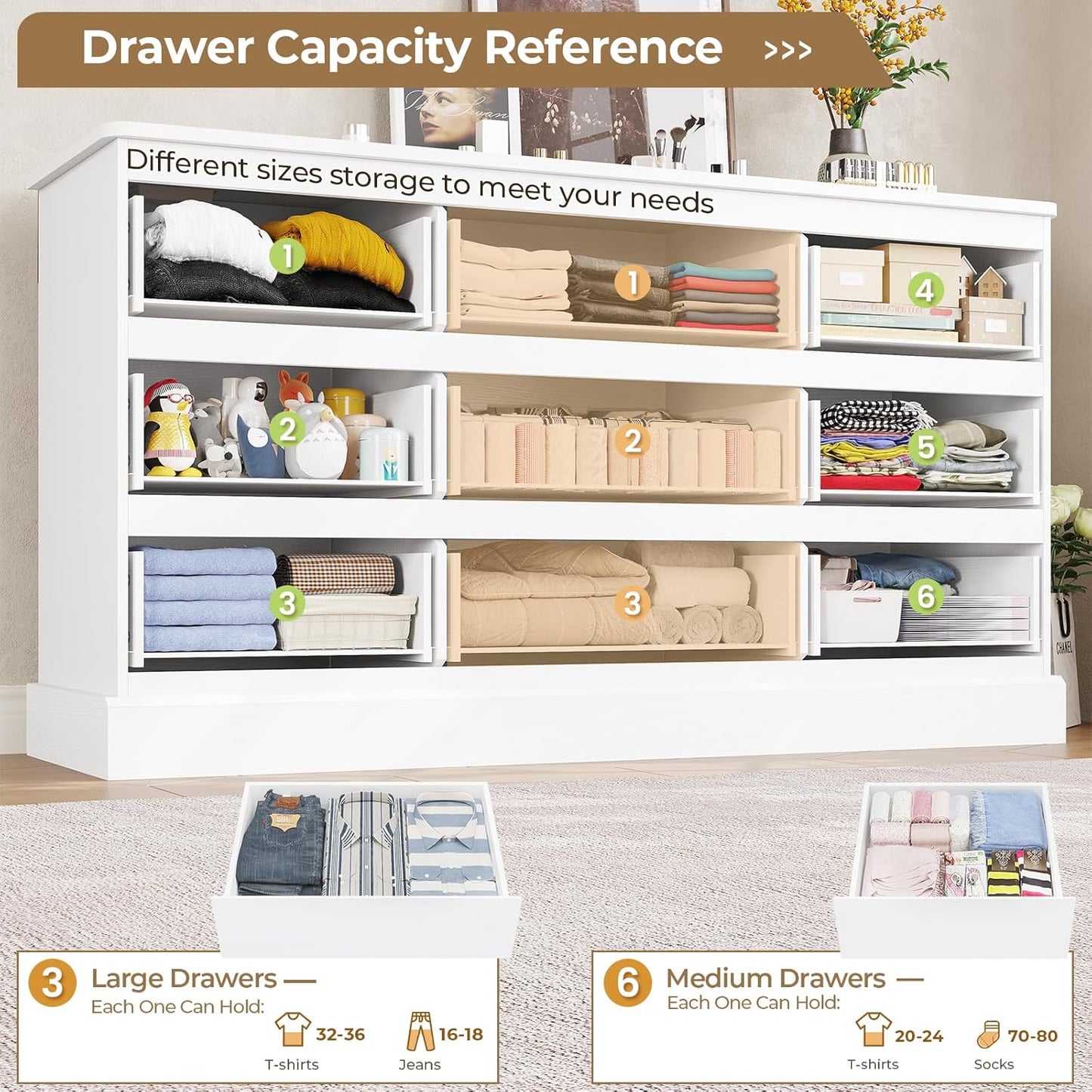 Hasuit Modern White Dresser for Bedroom with 9 Drawers, 61.4"Wide Dressers Chest of Drawer with Large Capacity Storage, Long Dresser TV Stand with Power Outlets, Sturdy Storage Cabinet for Living Room