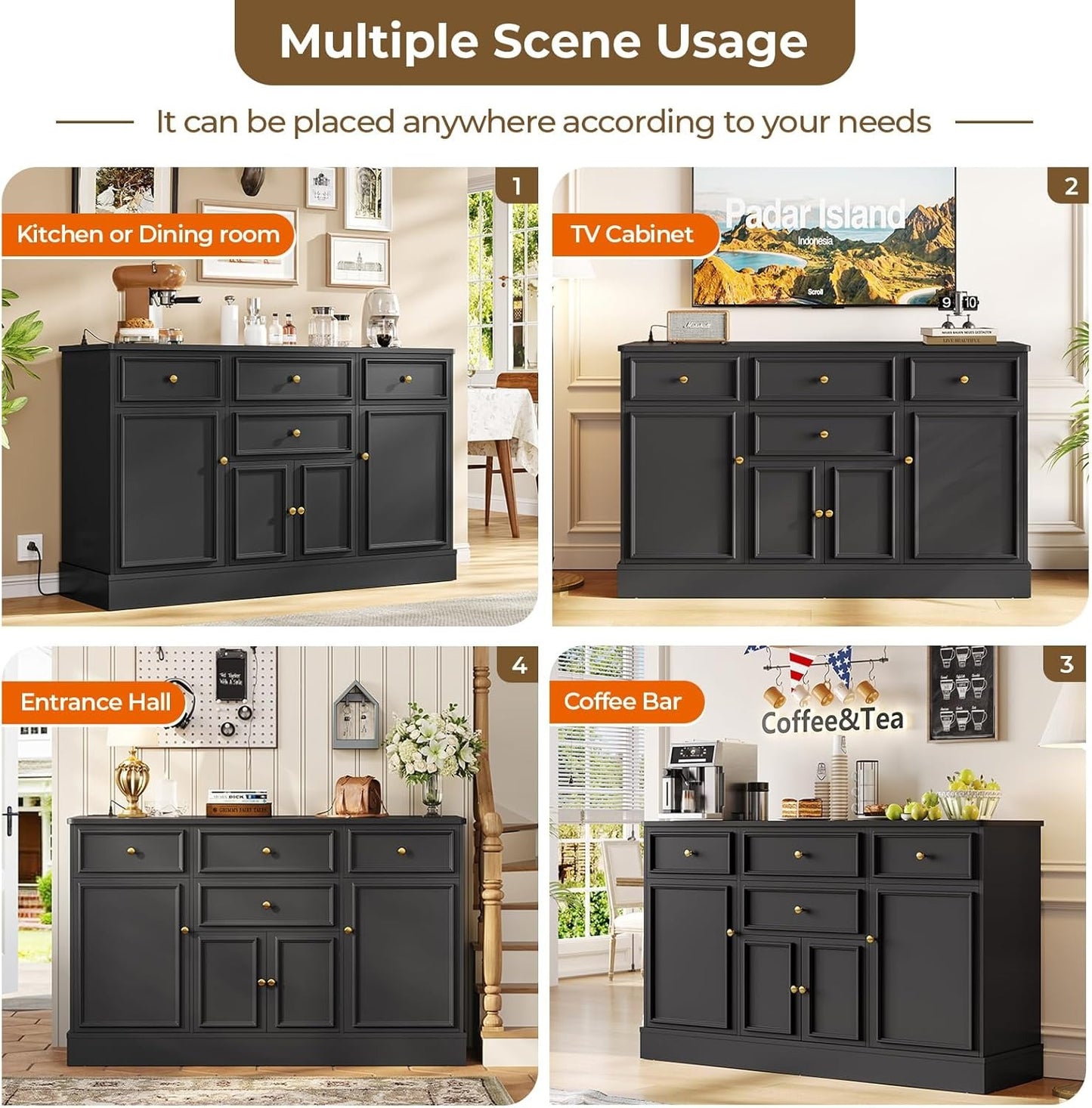 Hasuit 55.1"W Black Kitchen Sideboard Buffet Cabinet with Power Outlets and Storage Drawers
