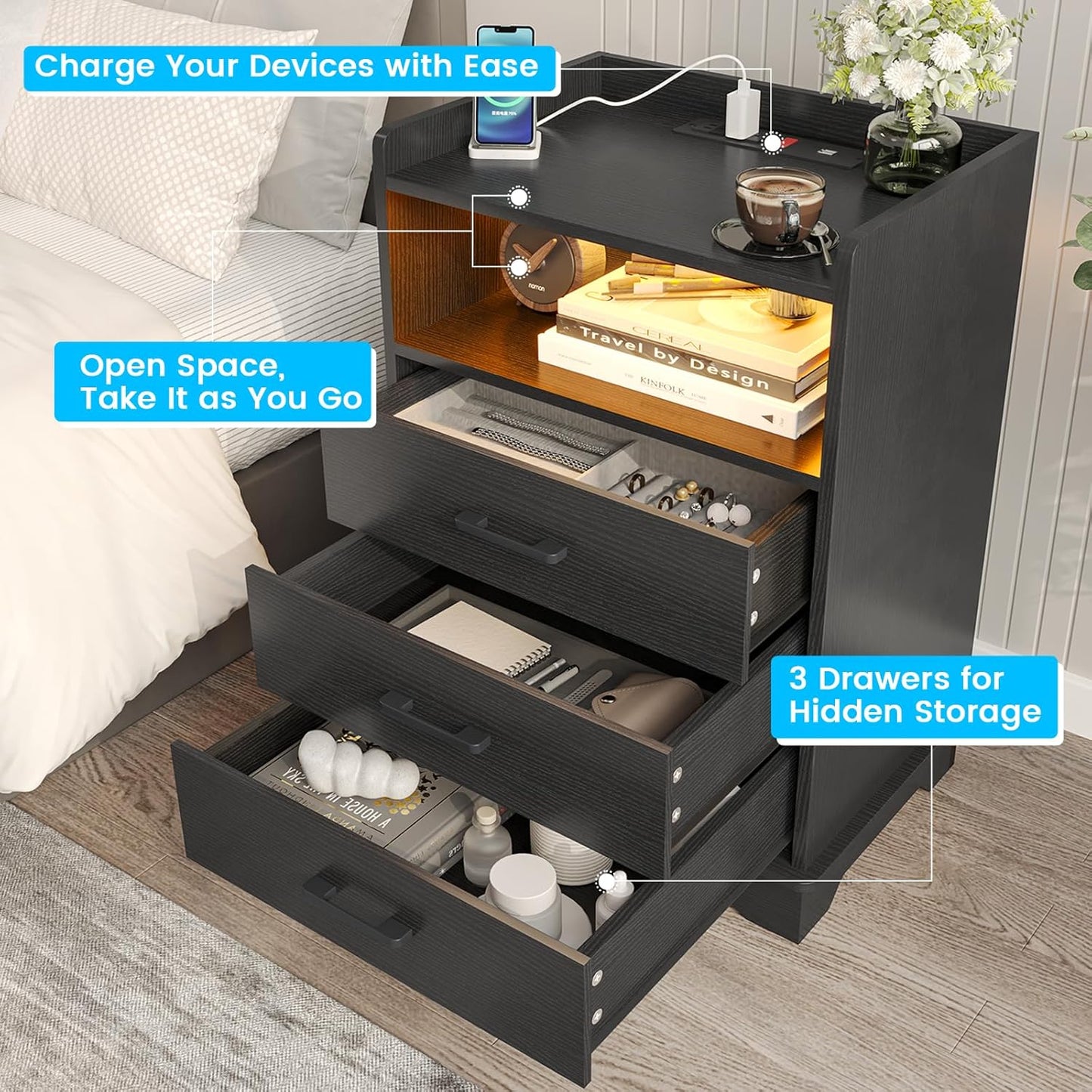 Hasuit Nightstand with Charging Station and LED Lights, Modern End Table with 3 Drawers and Open Storage, Large Bedside Table with Sturdy Base, Black Night Stand for Bedroom