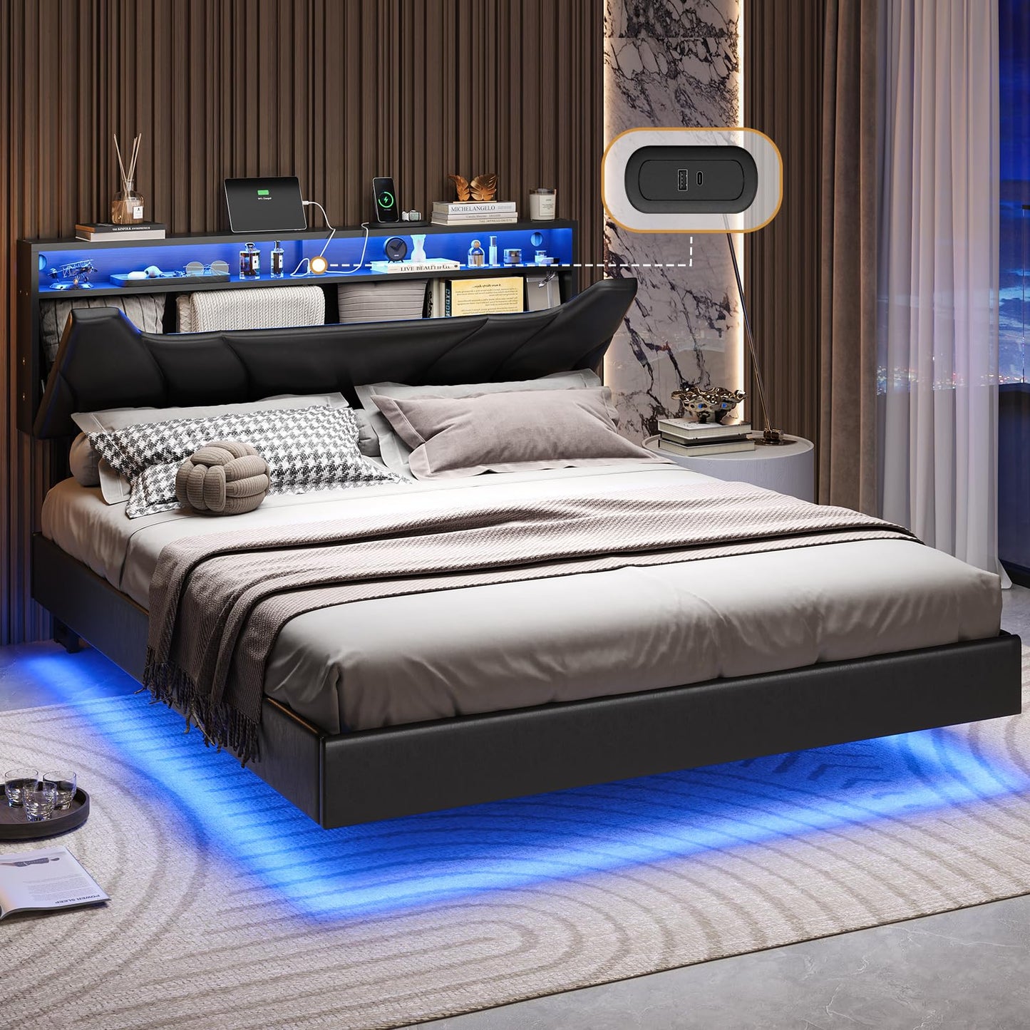 Hasuit California King Floating Led Bed Frame with Hidden Storage Headboard and Charging Station Cal King Size Visual Floating Platform Bed with Led Lights,No Box Spring Needed,Black+Rustic