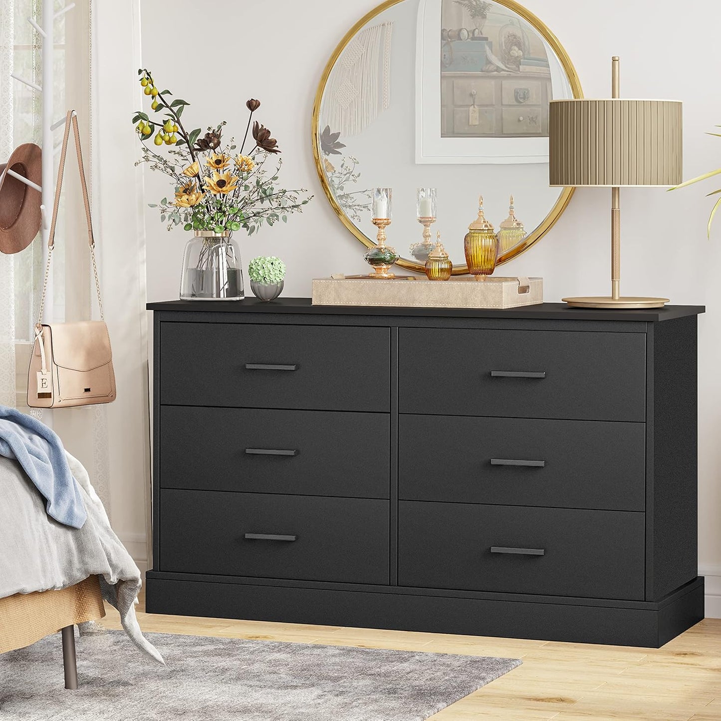 Hasuit Black 6 Drawer Double Dresser for Bedroom, Wood Storage Tower Clothes Organizer, Wide Chest of 6 Drawers, Large Storage Cabinet, Dresser with Sturdy Base for Bedroom, Hallway, Entryway